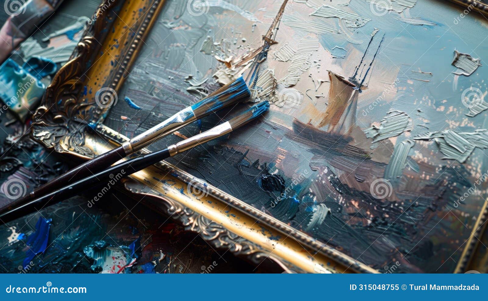 ship painting in frame with two brushes