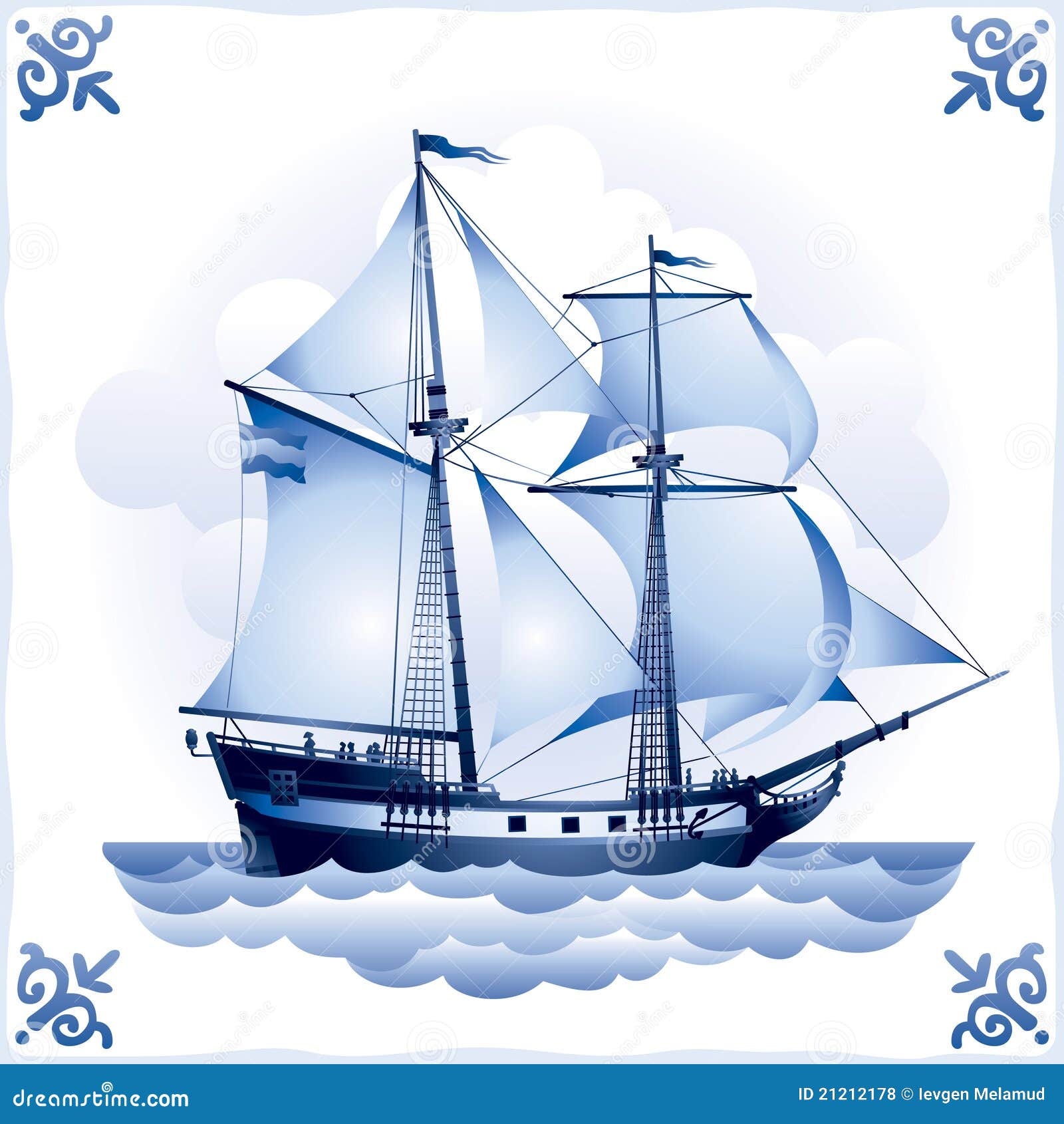 ship on the blue dutch tile 8, brigantine