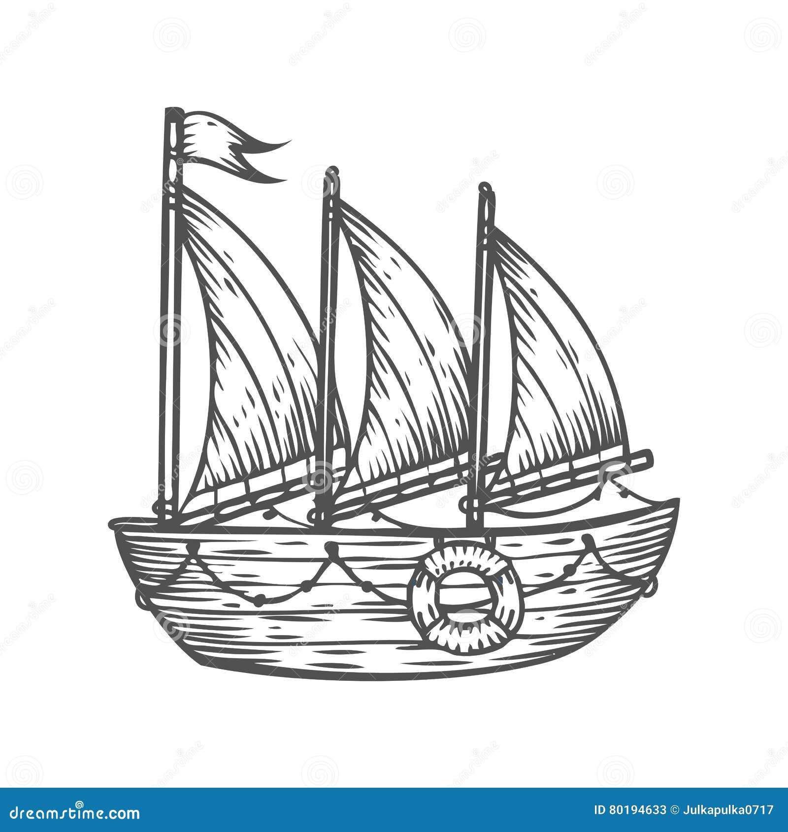 Ship, Boat, Sailboat, Hand Drawn Engraving Sketch Vector 