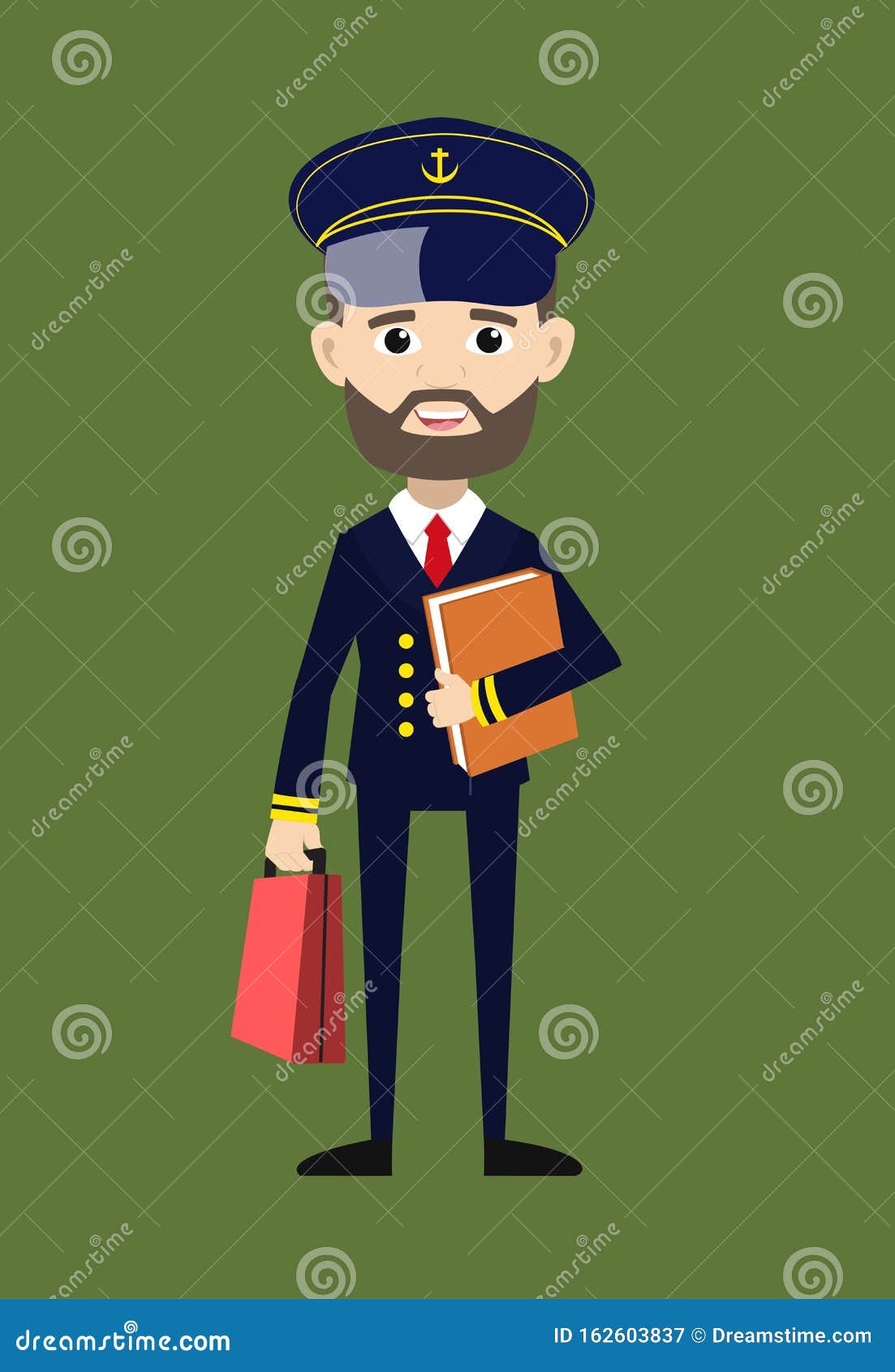 Ship Captain Pilot Standing with File and Briefcase Stock Vector