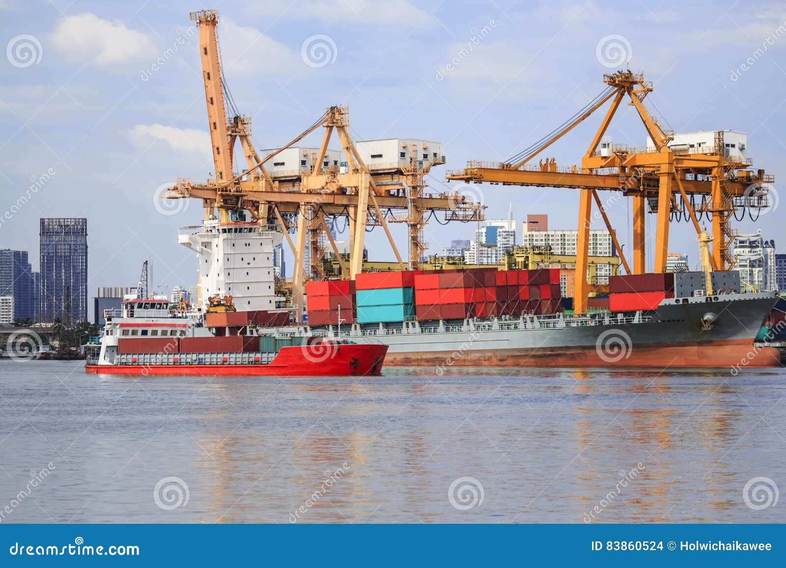 Ship Cargo Containers and Bulk Cargo Ship To Harbor Freight Stock Photo