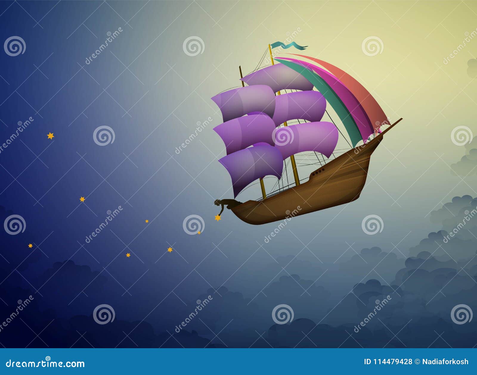 ship in the evening sky in clouds, fairy boy putting stars on the night sky, fairy dreamland sailor on the heavens,