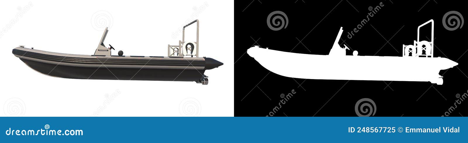 ship inflatable boat 2 - lateral view white background alpha png 3d rendering ilustracion 3d