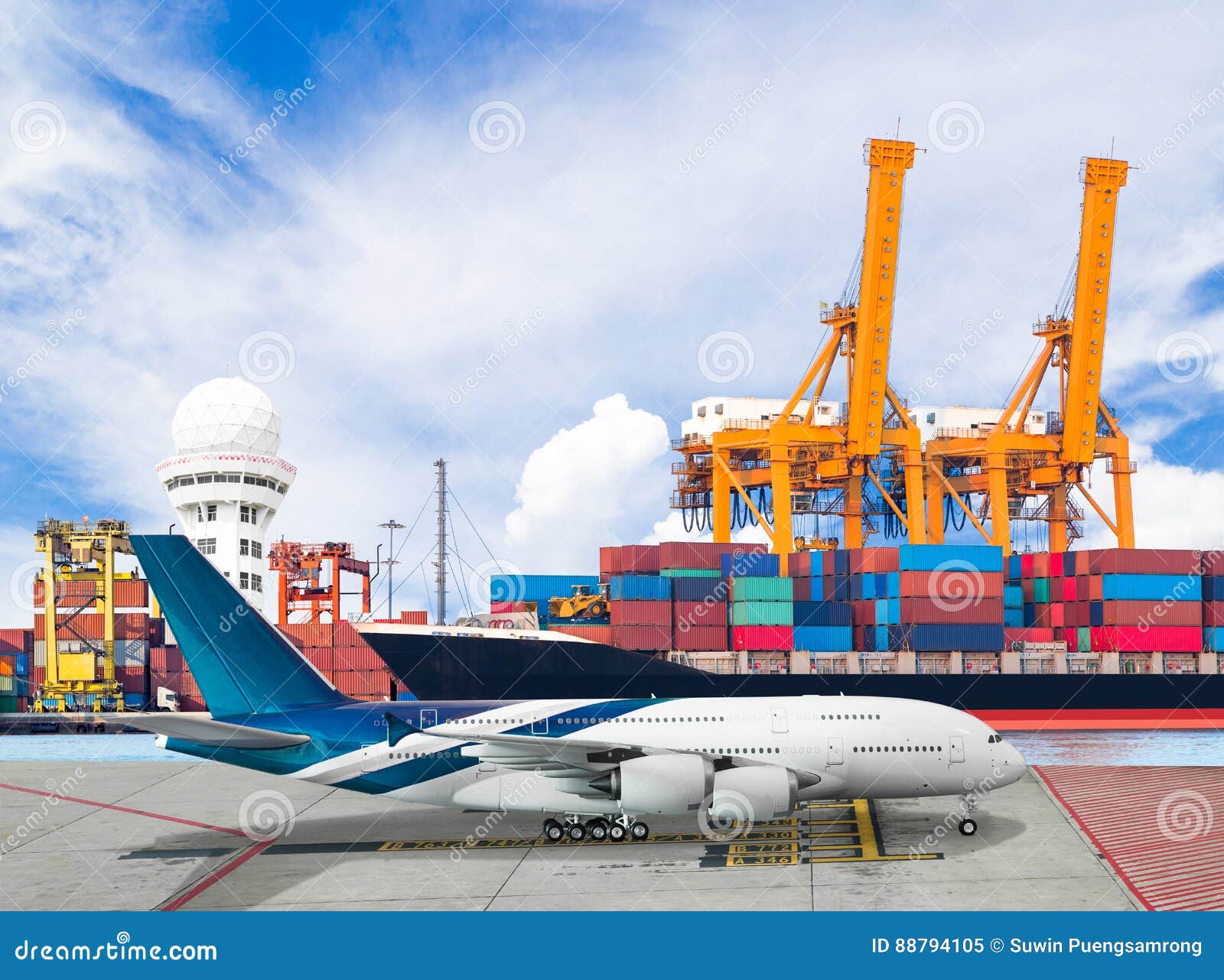 Ship Loading Container In Import Export Pier And Air Cargo Pla