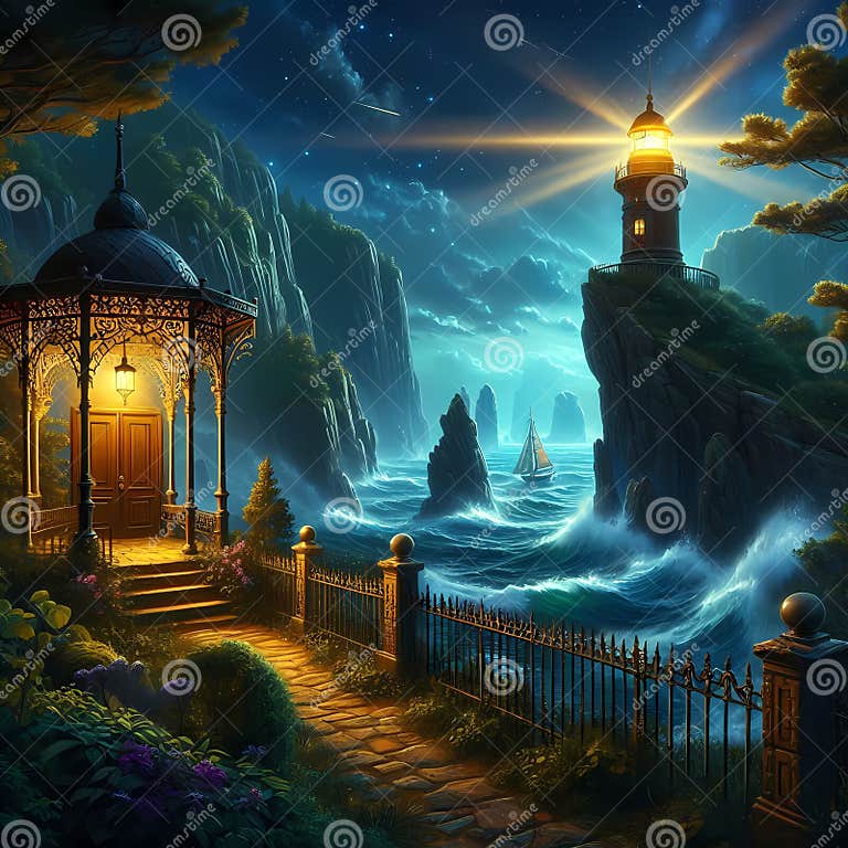 A Ship S Beacon with Illumination Glow, Landscape Garden, Iron Fence(04)