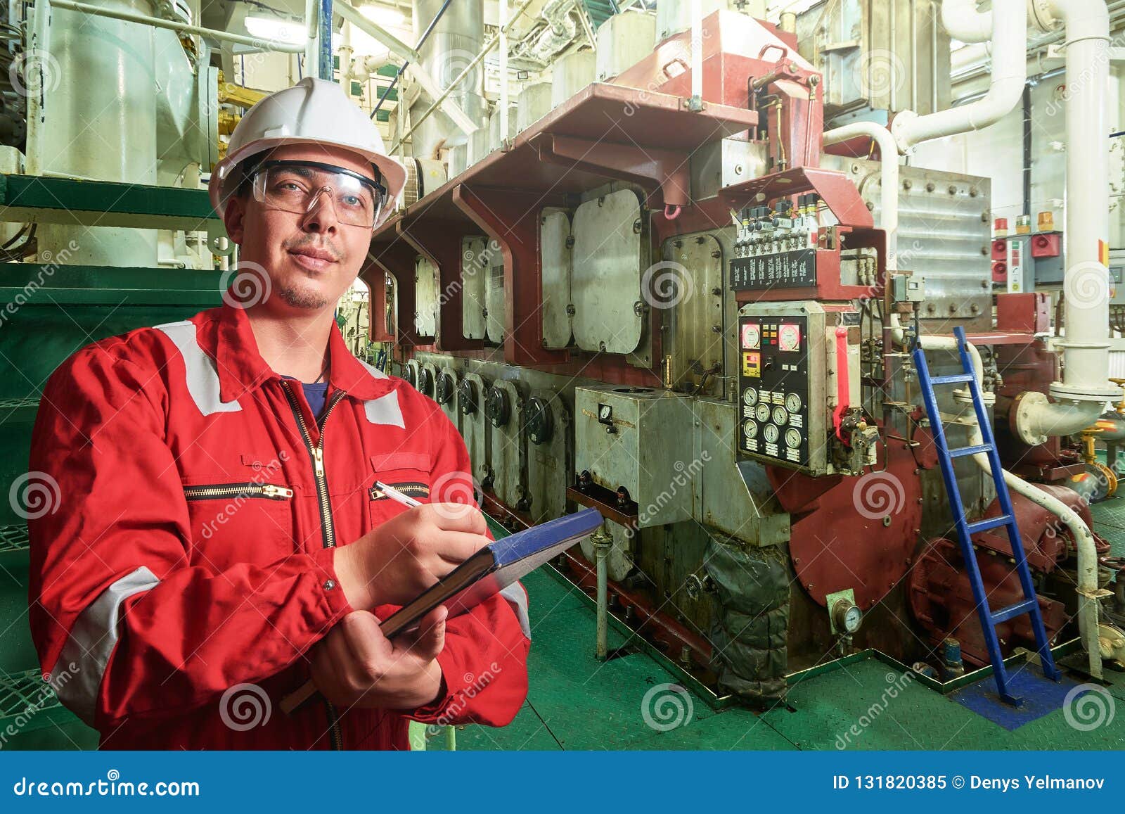 Ship`s Mechanic Near Marine Diesel Generators On A ...