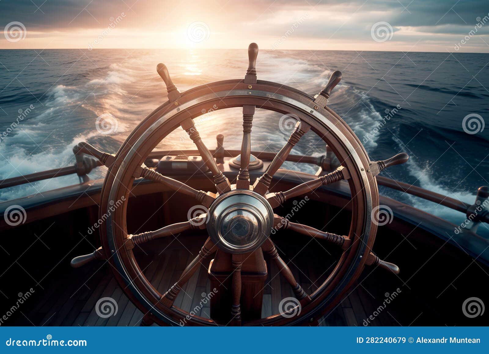 Ship Steering Wheel, Helm at Sunset Stock Image Image of generative