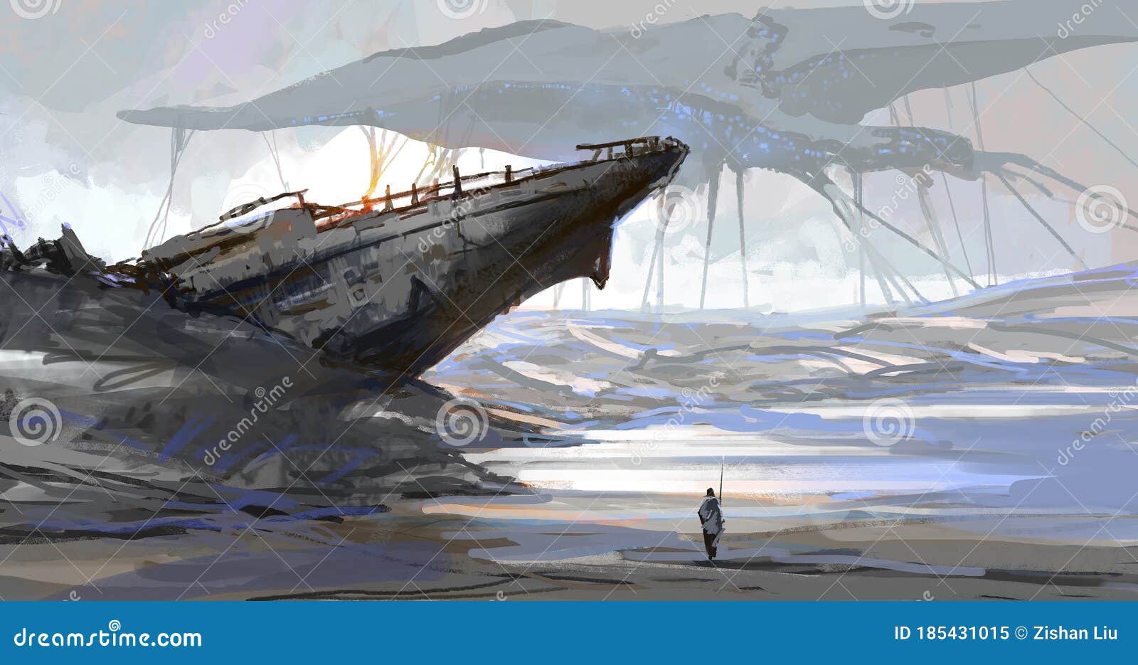 the ship that was stranded by the dry sea, the earth scene after the aliens invaded.