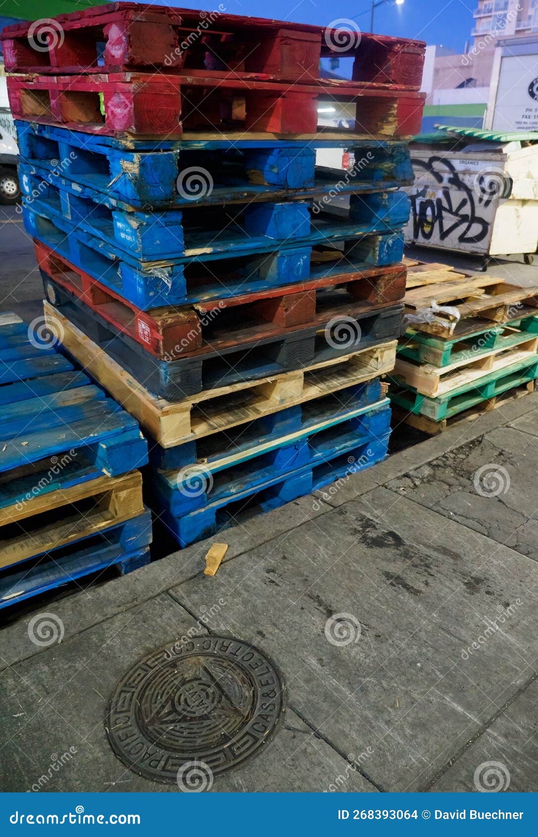Shipping Pallets Ready for Cargo Blue and Red and Green Stock Photo