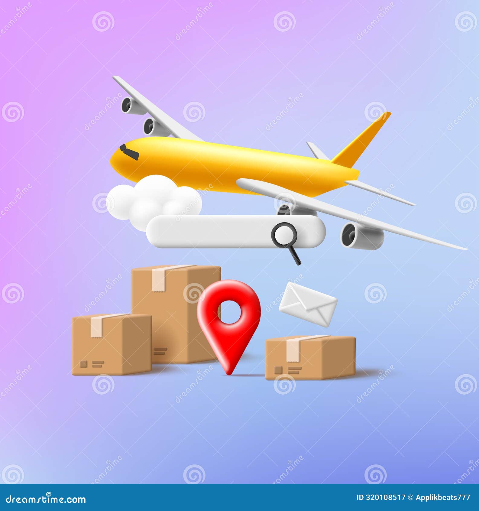 shippment online tracking 3d render composition with carton boxes and yellow airplaine, search field ui 
