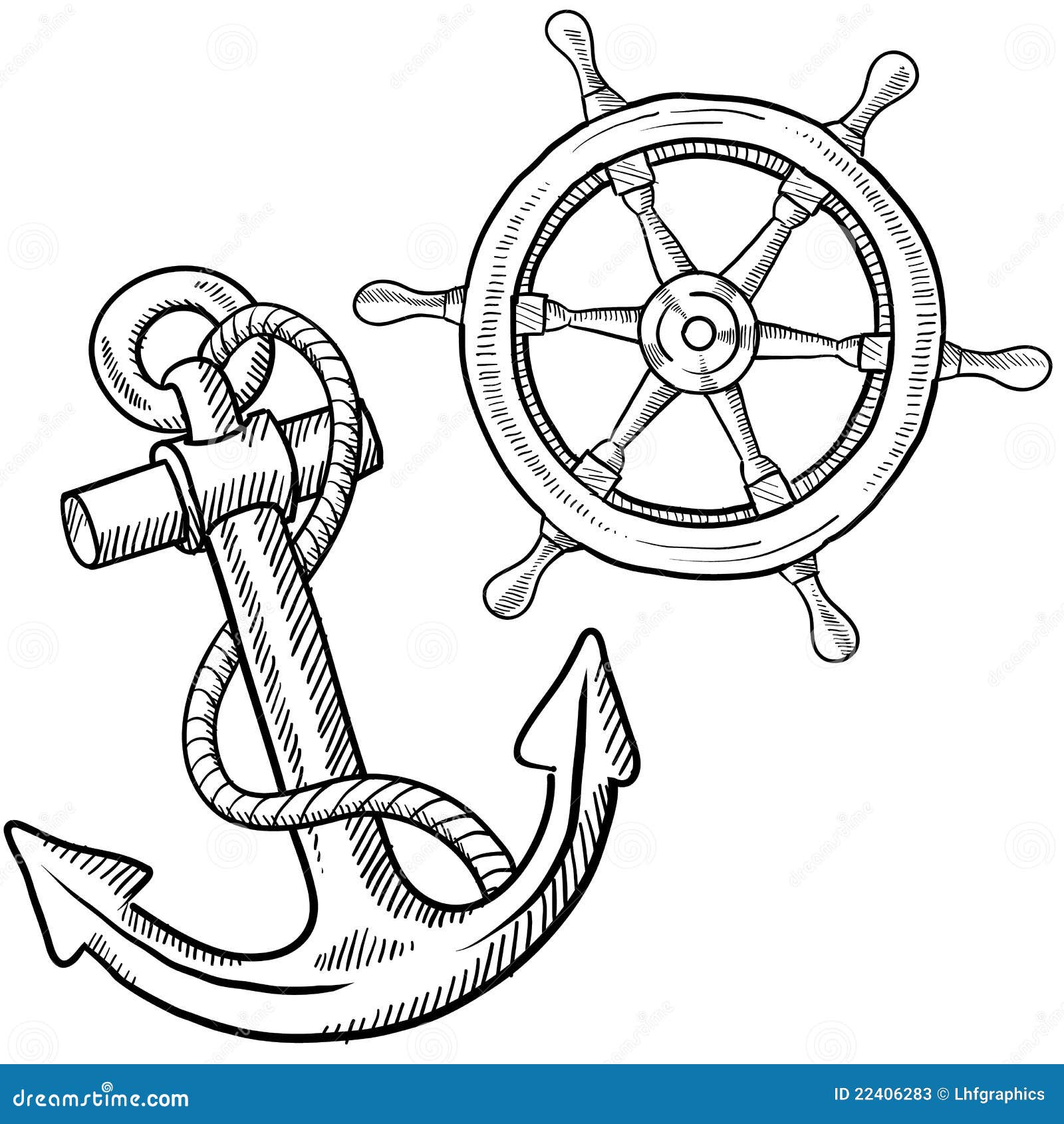 ships wheel and anchor drawing