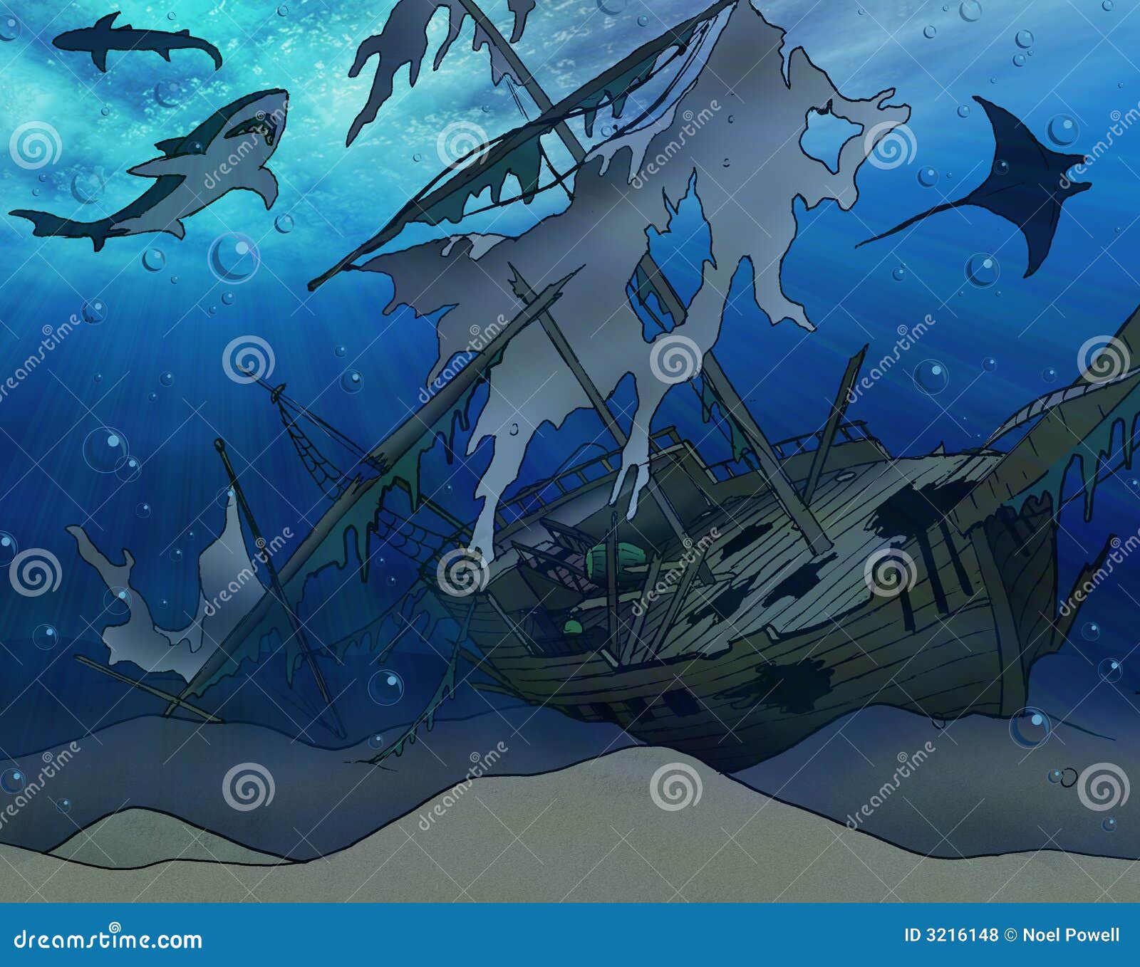 Shipwreck And Shark Attack Underwater Cartoon Vector | CartoonDealer