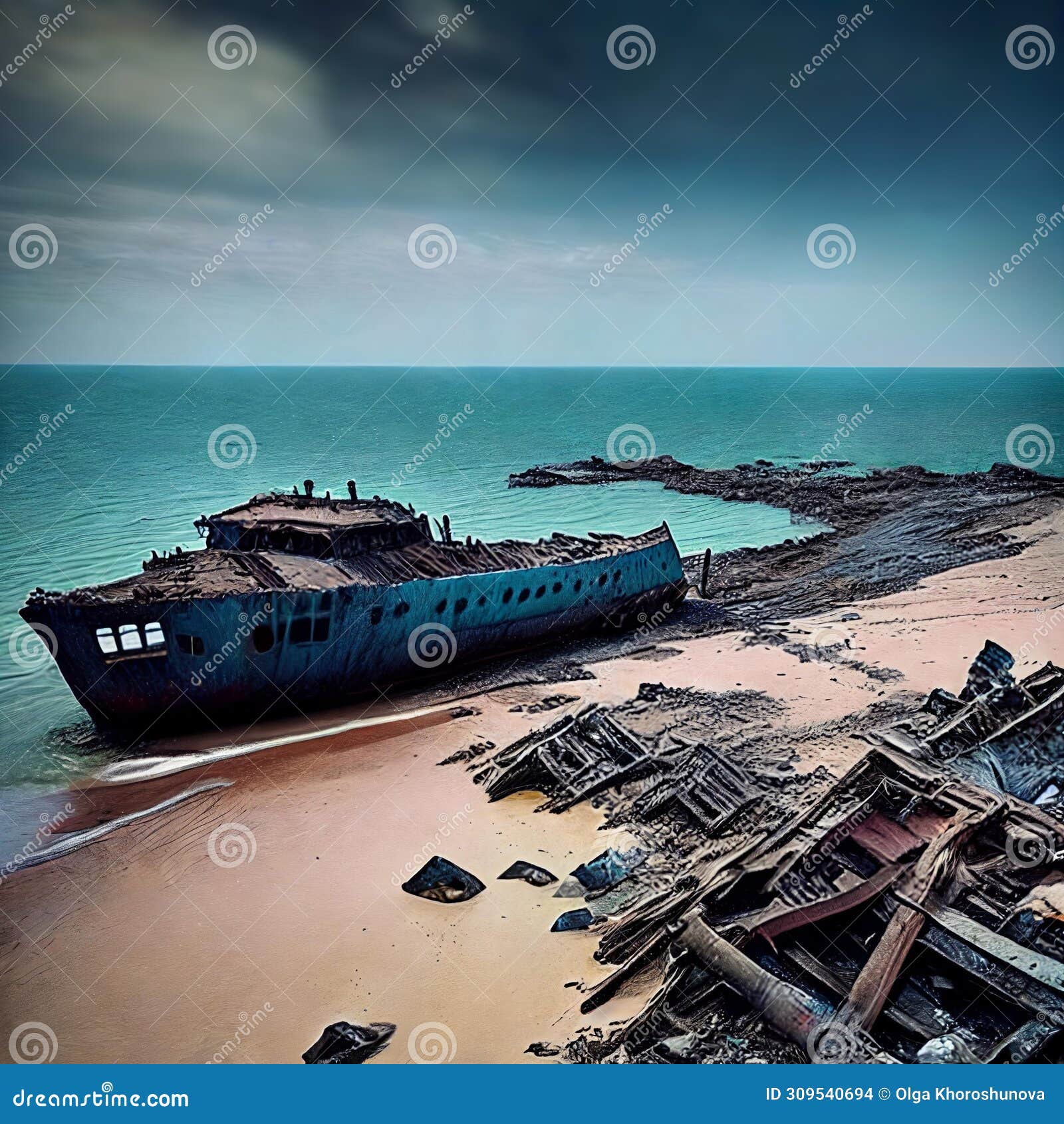 shipwrecked world. post-apocalyptic coastal scene with sunken ships, washed-up debris