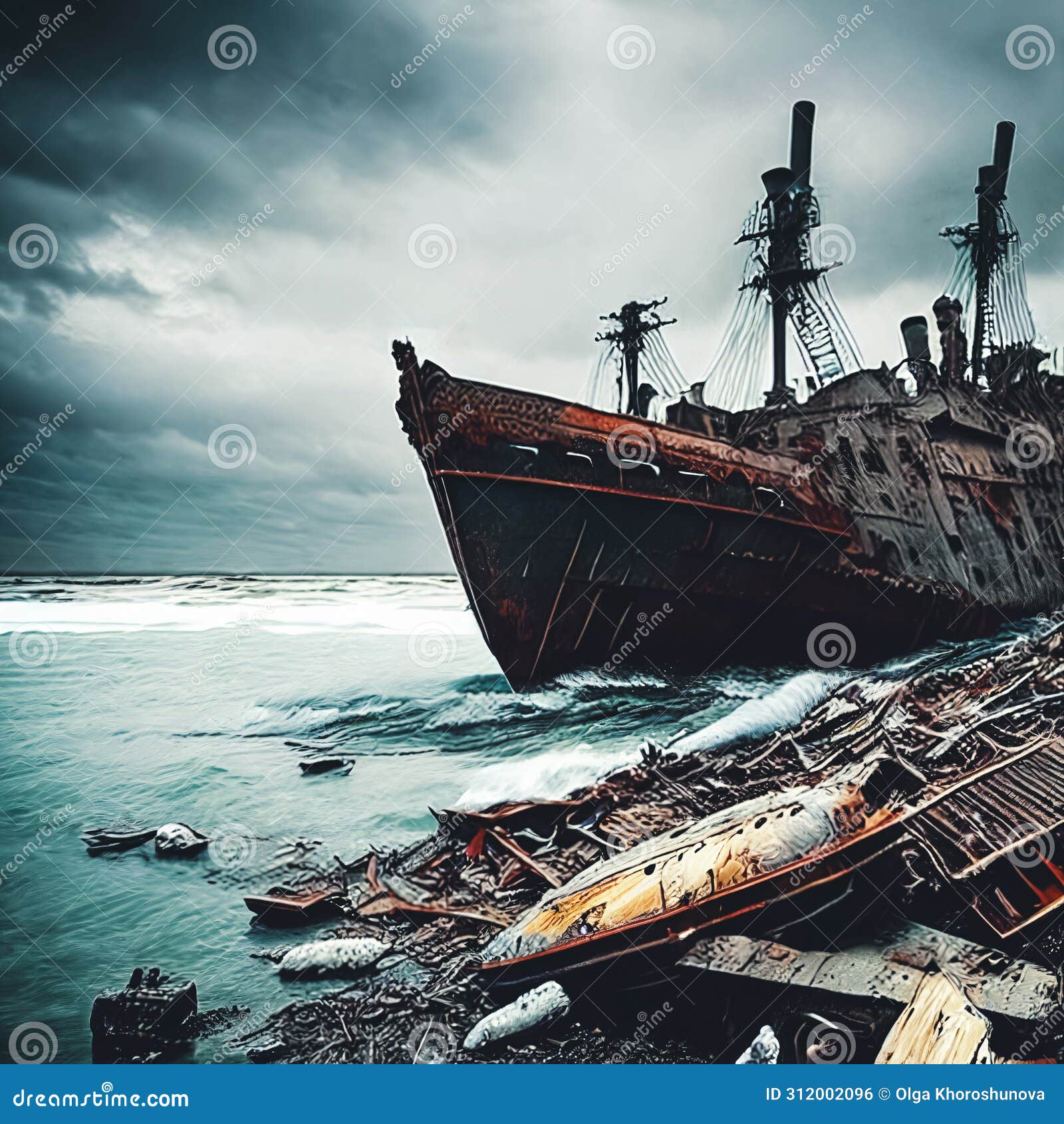 shipwrecked world. post-apocalyptic coastal scene with sunken ships, washed-up debris