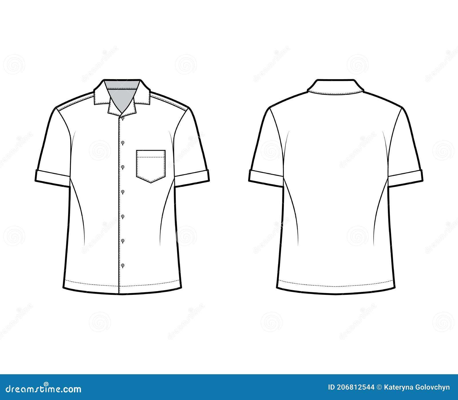 Shirt Camp Technical Fashion Illustration with Short Sleeves, Angled ...