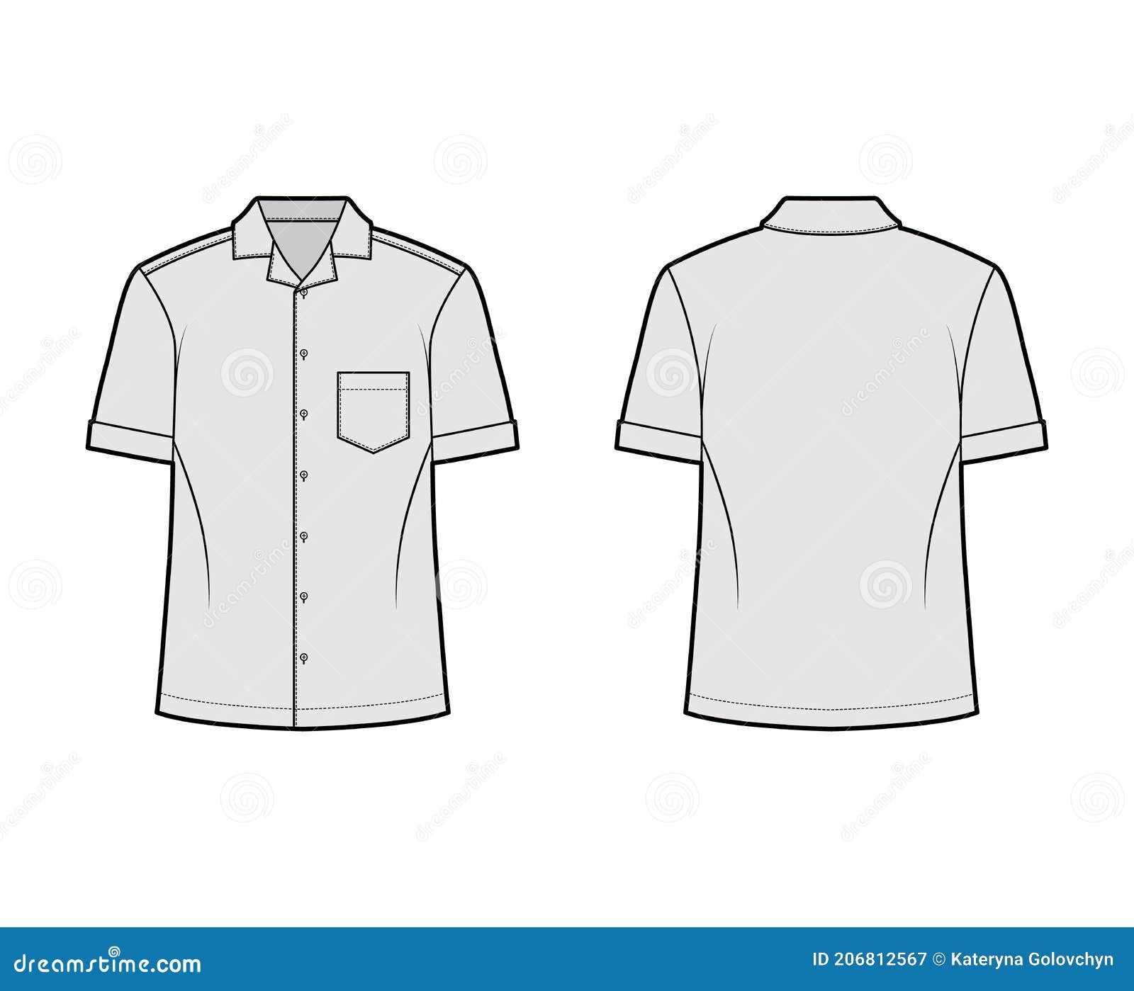 Shirt Camp Technical Fashion Illustration with Short Sleeves, Angled ...