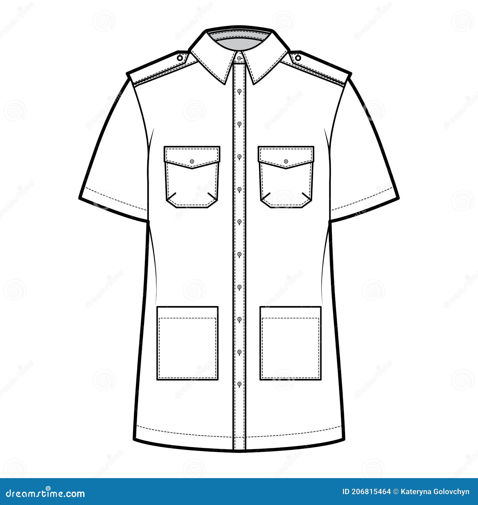 Shirt Safari Technical Fashion Illustration with Short Sleeves, Flaps ...