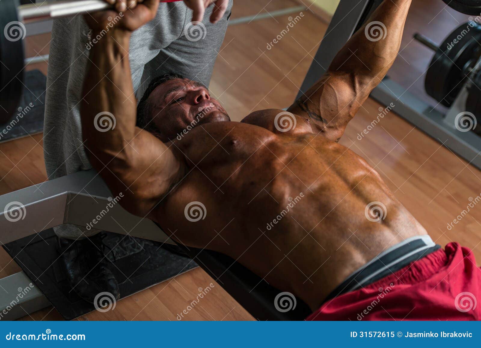 Shirtless Bodybuilder Doing Bench Press For Chest RoyaltyFree Stock