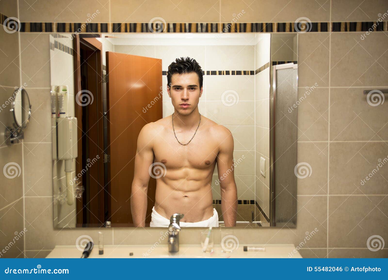 Shirtless Handsome Young Man In Bathroom Stock Photo Image Of