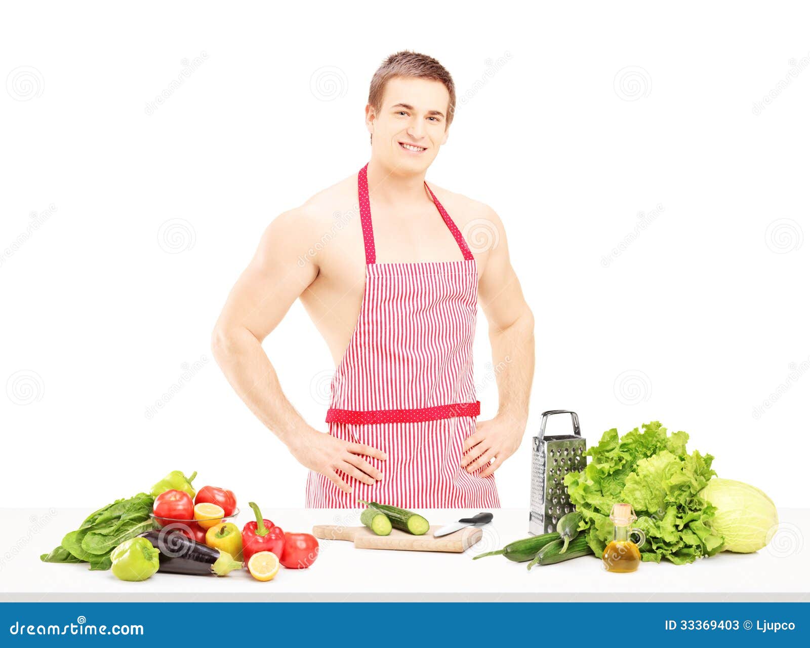 Shirtless Male With Apron Preparing Salad Stock Image Image Of Person Male 33369403 