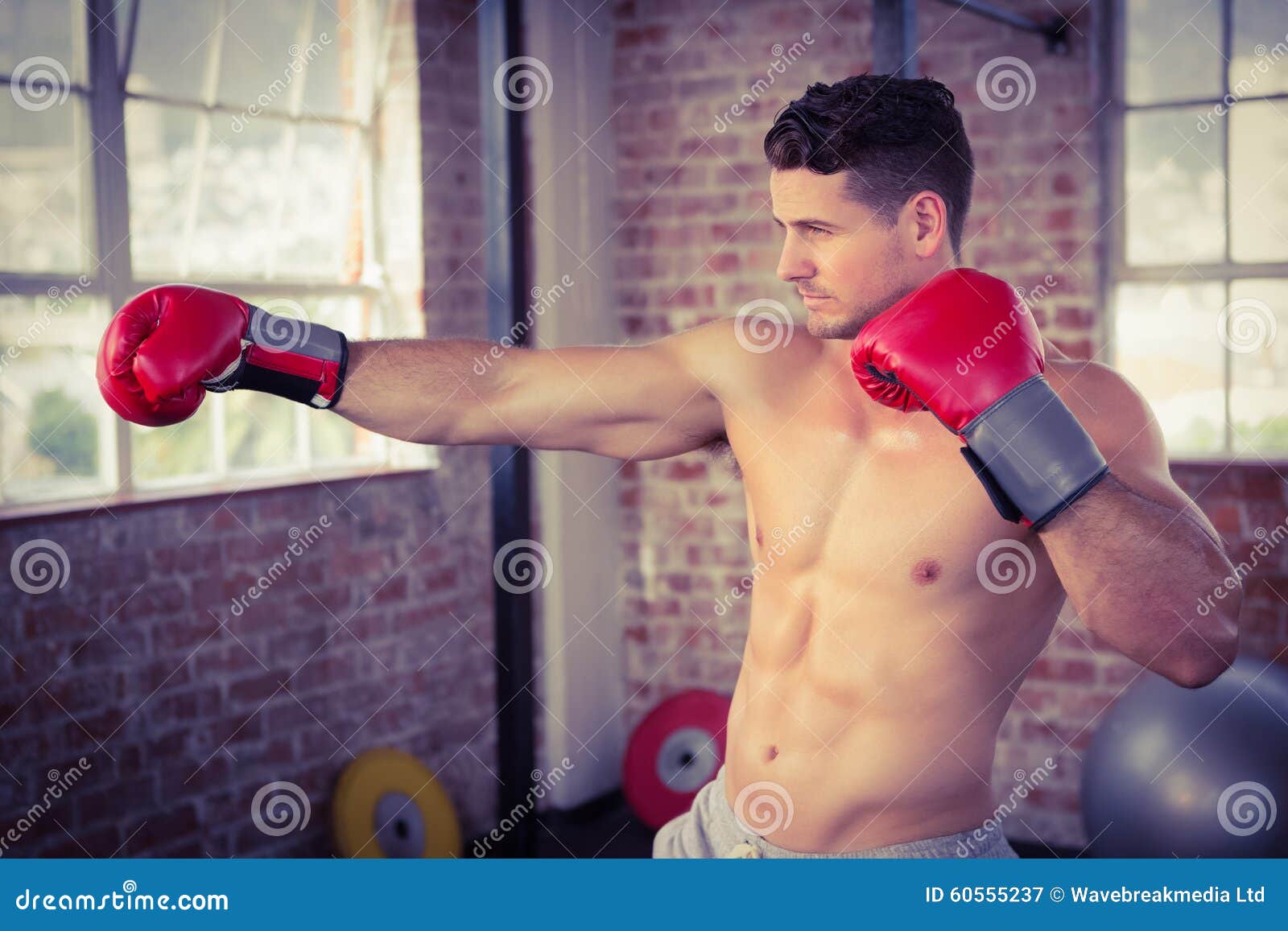 Athletic Male Boxer Training At Boxing Studio, Standing In 