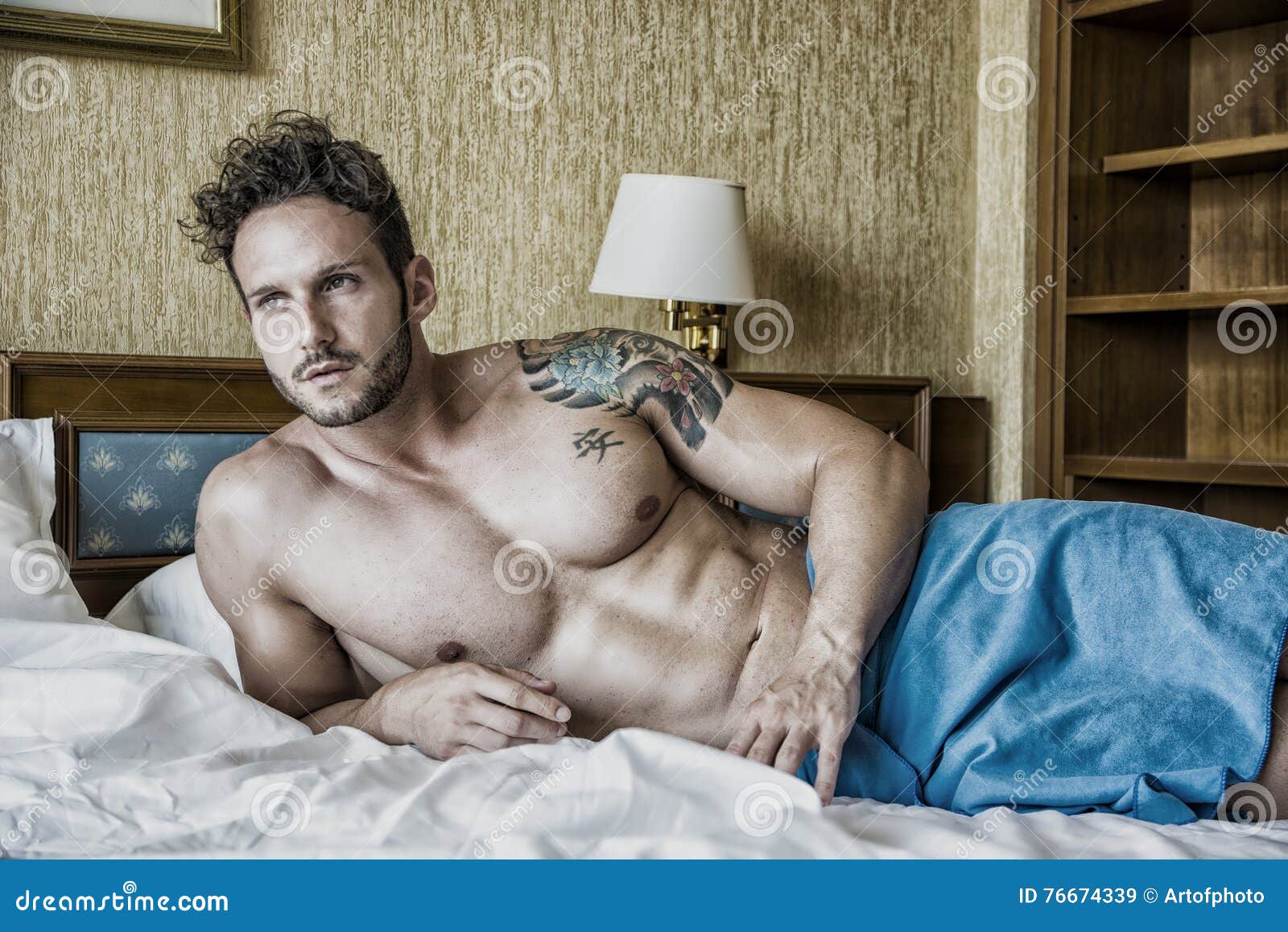 Shirtless Male Model Lying Alone On His Bed Stock Image Image Of Lonely Loneliness 76674339