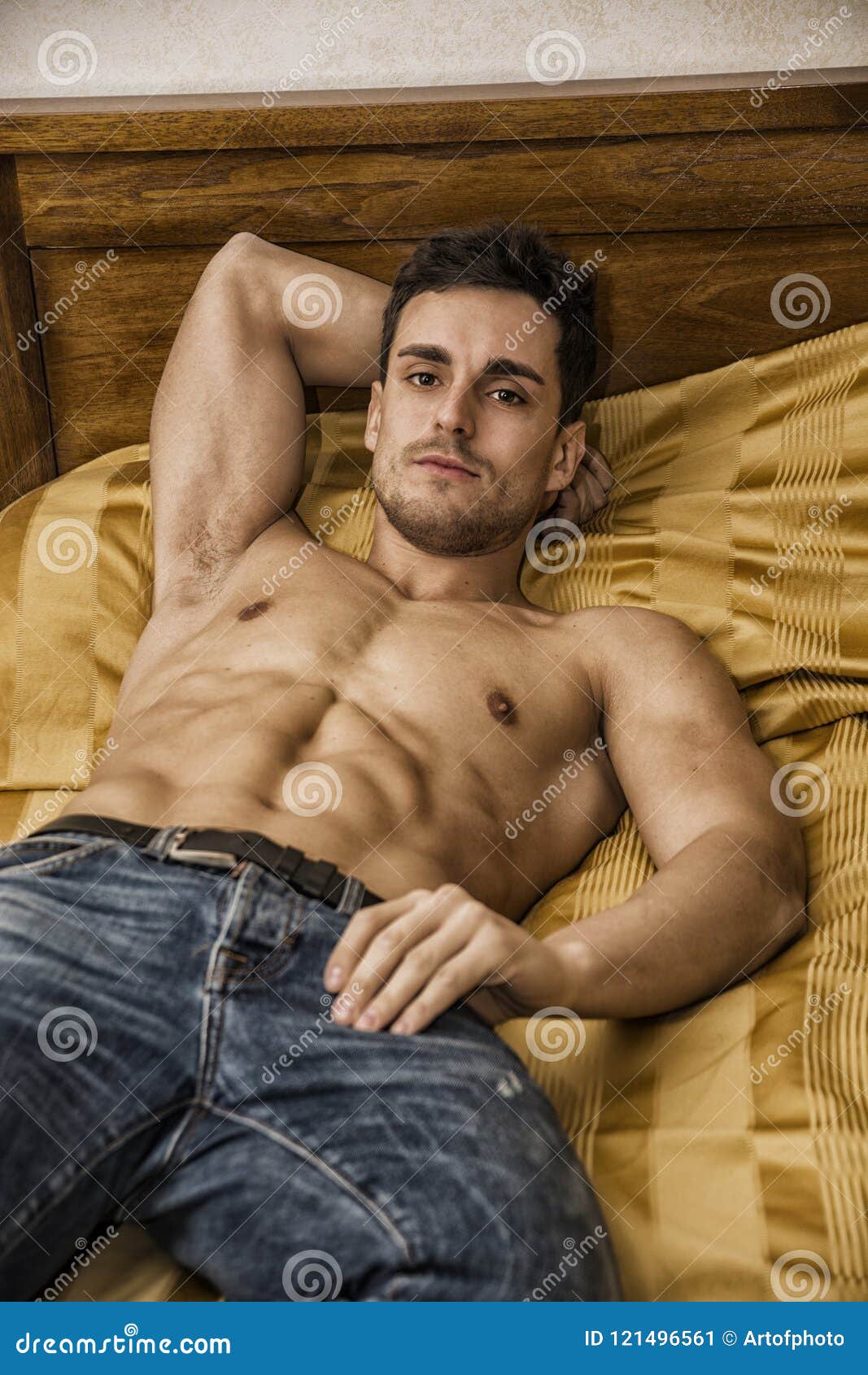 Shirtless Male Model Lying Alone On His Bed Stock Image Image Of Chest Blinds 121496561