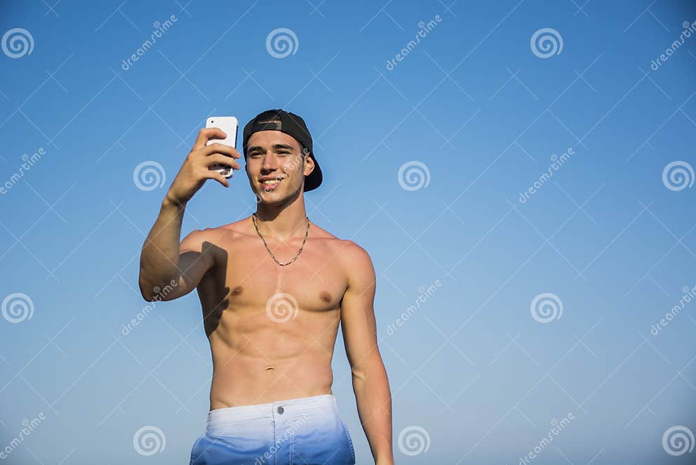 Shirtless Young Man Taking Selfie Photos at the Stock Photo - Image of ...