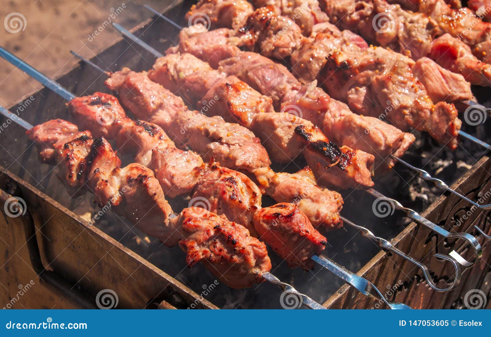 Shish Kebab is Baked Over a Fire with Smoke. Stock Image - Image of ...