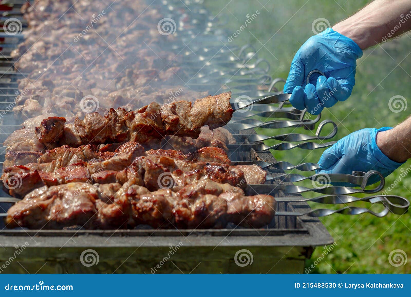 Shish kebab of meat skewered on a grill close-up outdoors Stock Photo -  Alamy