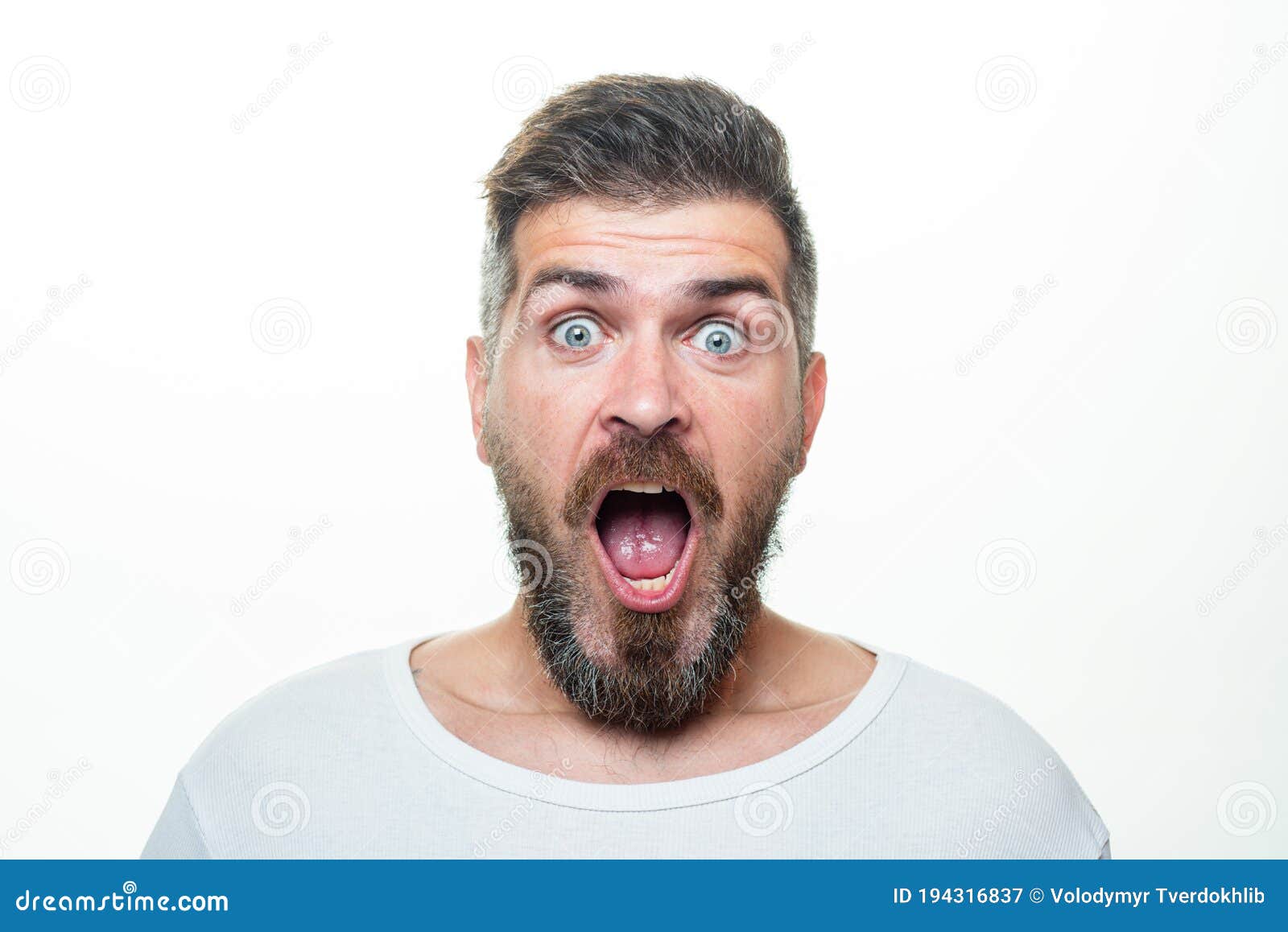 Shocked Bearded Man With Surprise Expression Wow Amazed Excited Face Emotions People Concept