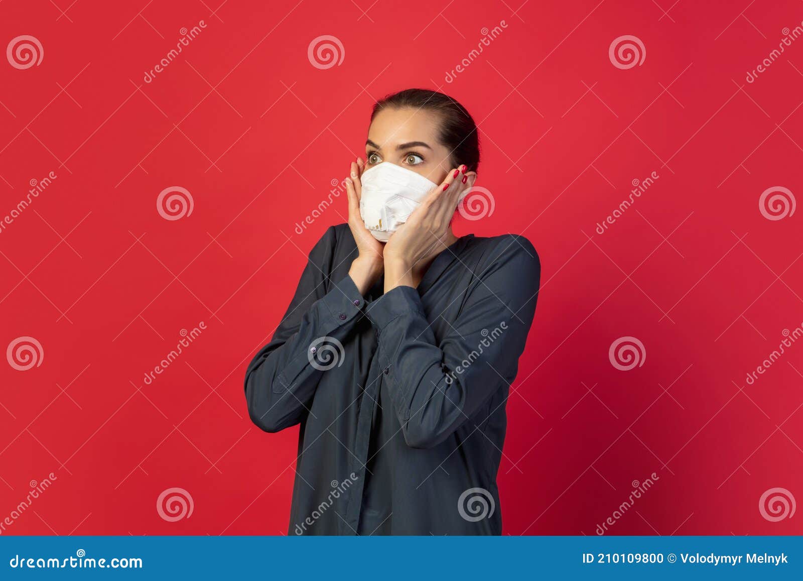 Woman in Protective Face Mask Isolated on Red Studio Background. New