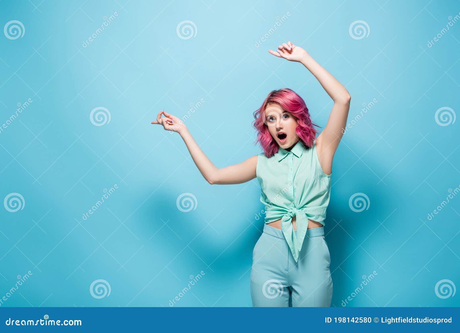 Shocked Woman with Pink Hair Pointing Stock Photo - Image of colorful ...