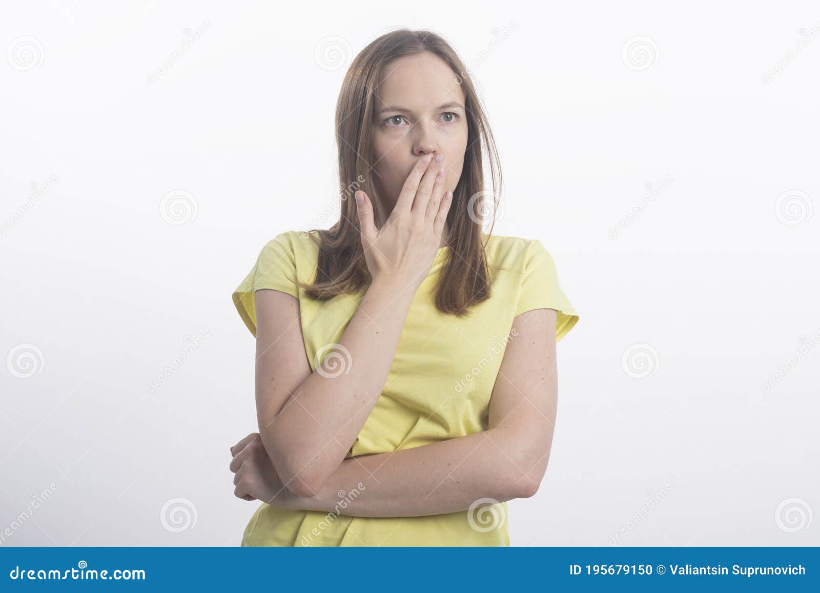 Shocking News. Surprised and Calm Woman Covers Her Mouth, Close-up,  Isolated on a White Background Stock Photo - Image of white, studio:  195679150