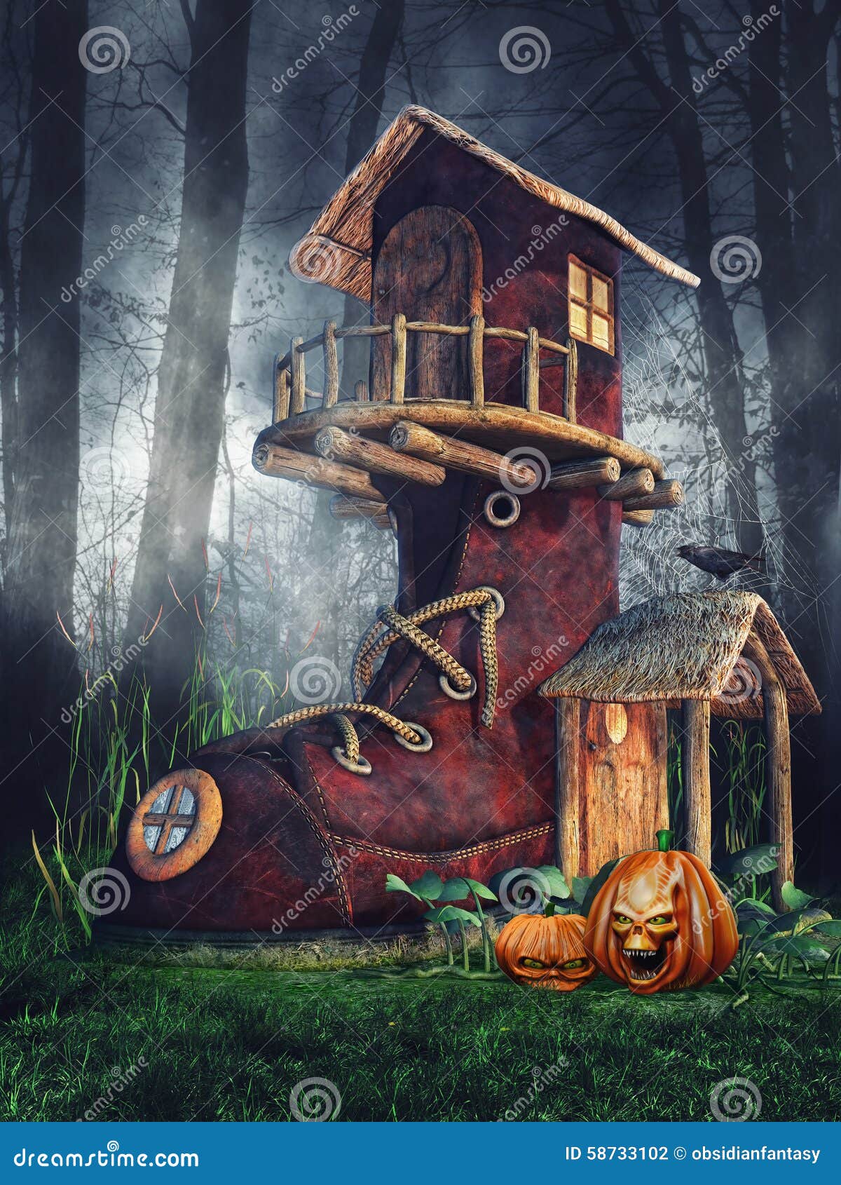 Shoe house with pumpkins stock illustration. Illustration of tree - 58733102