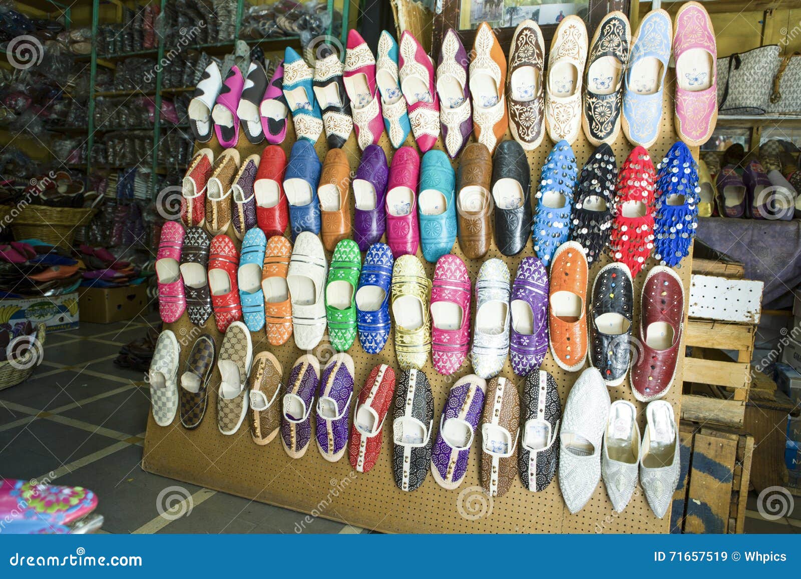 Shoe Shop Full Of Leather Color Shoes At Market Tangier, Morocc Stock