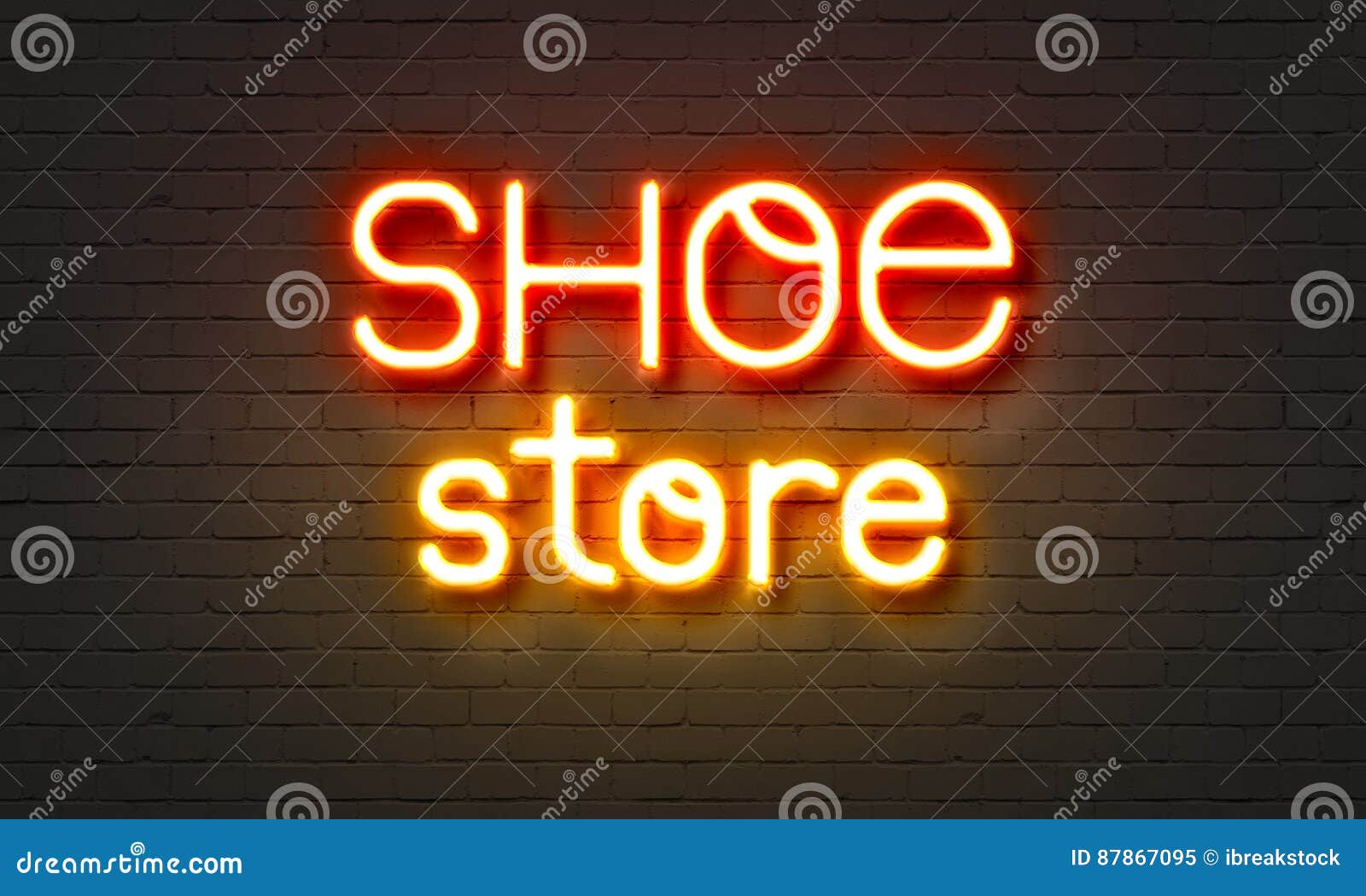Shoe Store Neon Sign on Brick Wall Background. Stock Illustration