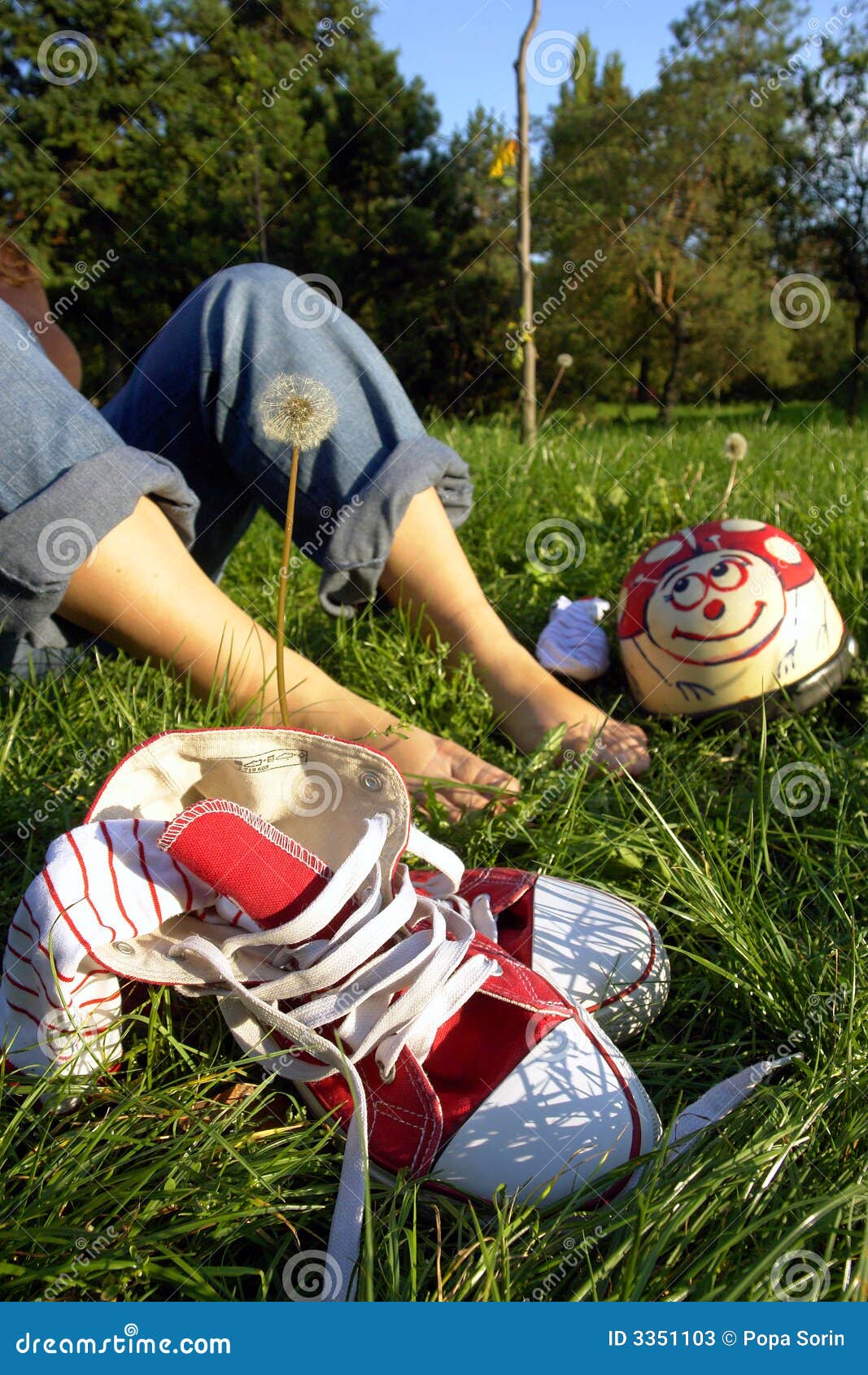 Shoes and Bare Feet on Grass Stock Image Image of ladybug, feet 3351103