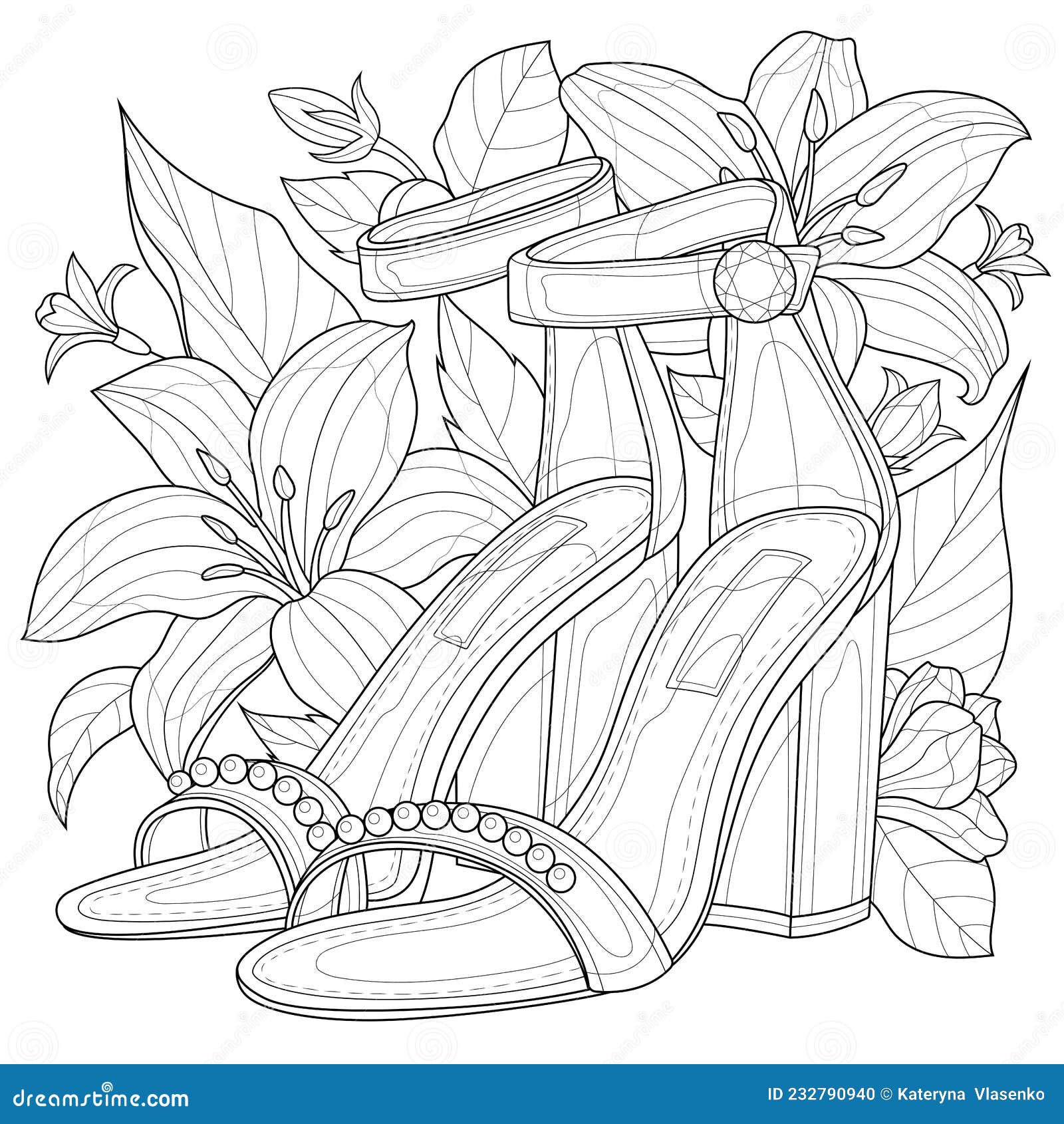 Shoes with Flowers.Coloring Book Antistress for Children and Adults ...