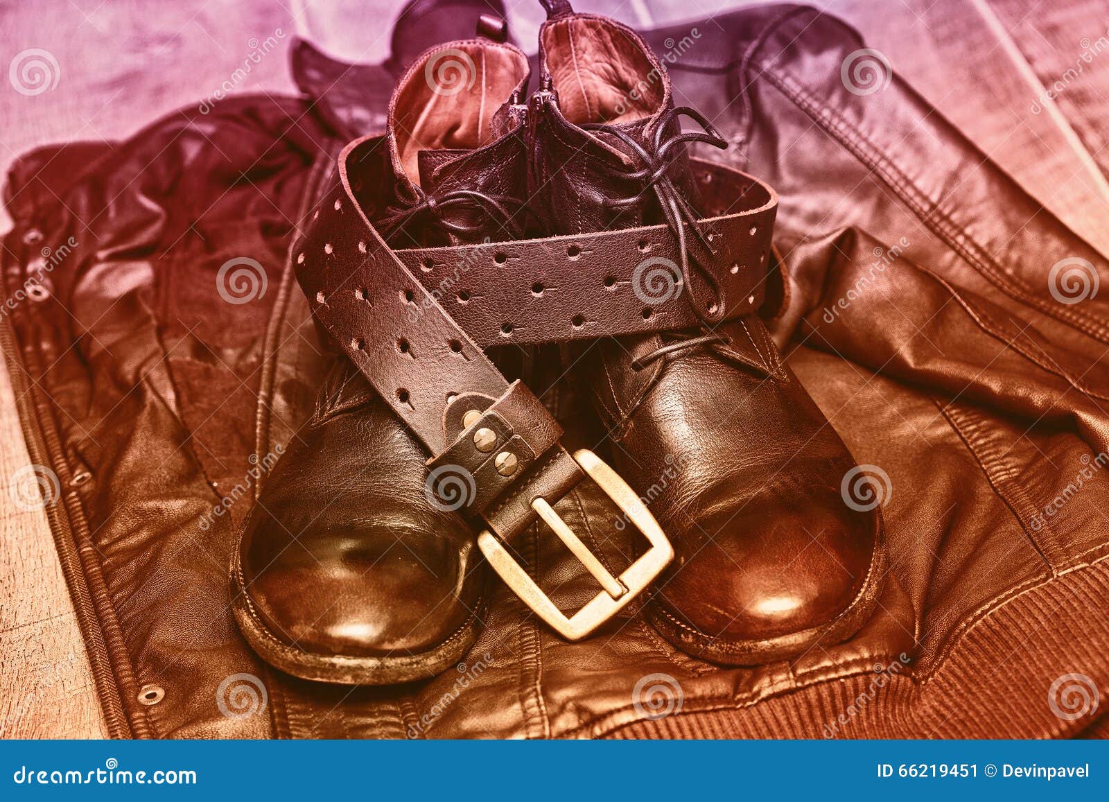 shoes, leather belt, leather jacket