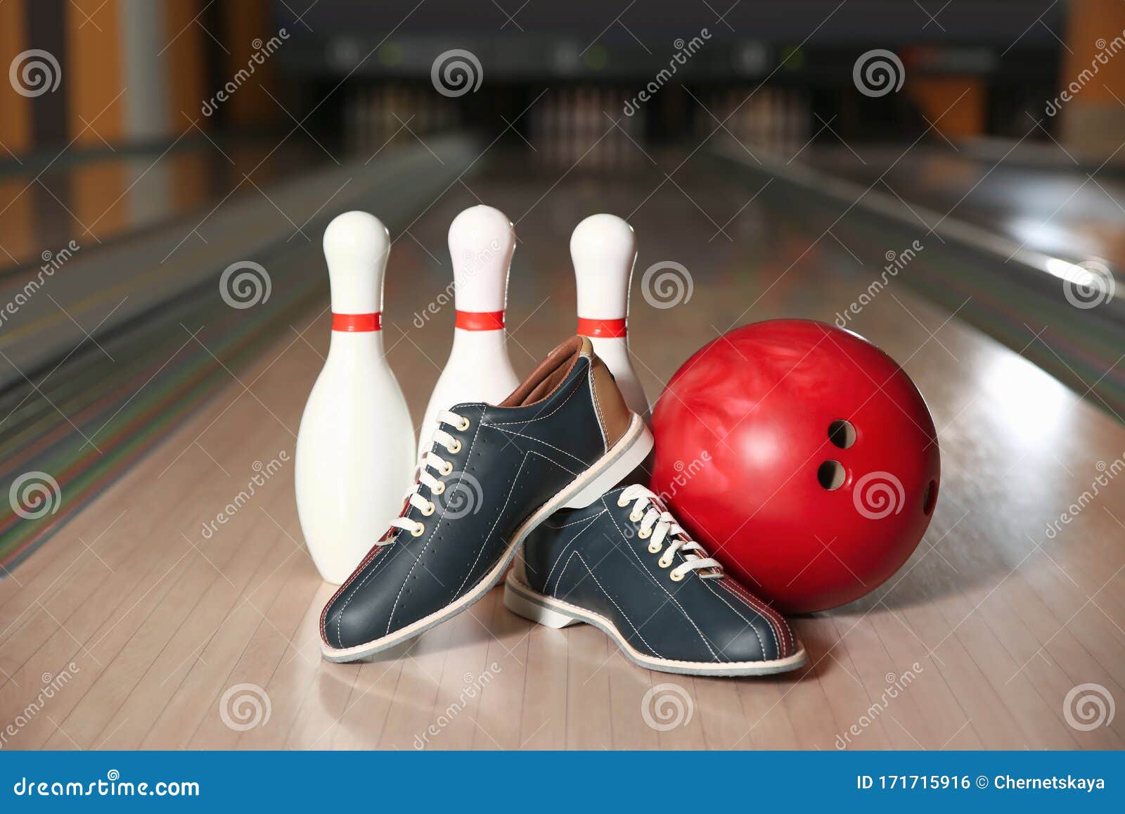 Shoes, Pins and Ball on Bowling Lane in Club Stock Photo - Image