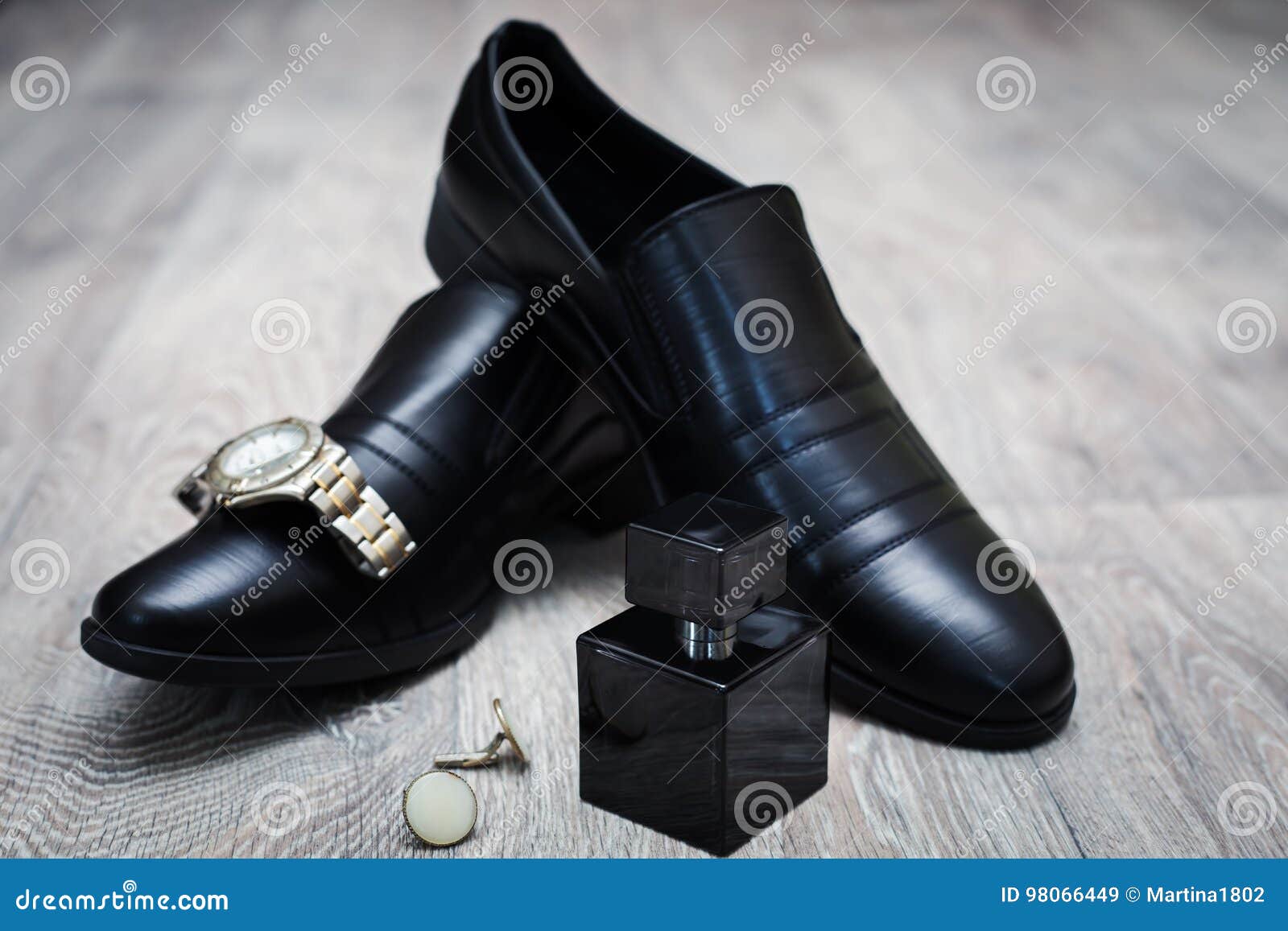 Shoes with Watch and Perfume Stock Image - Image of beauty, black: 98066449