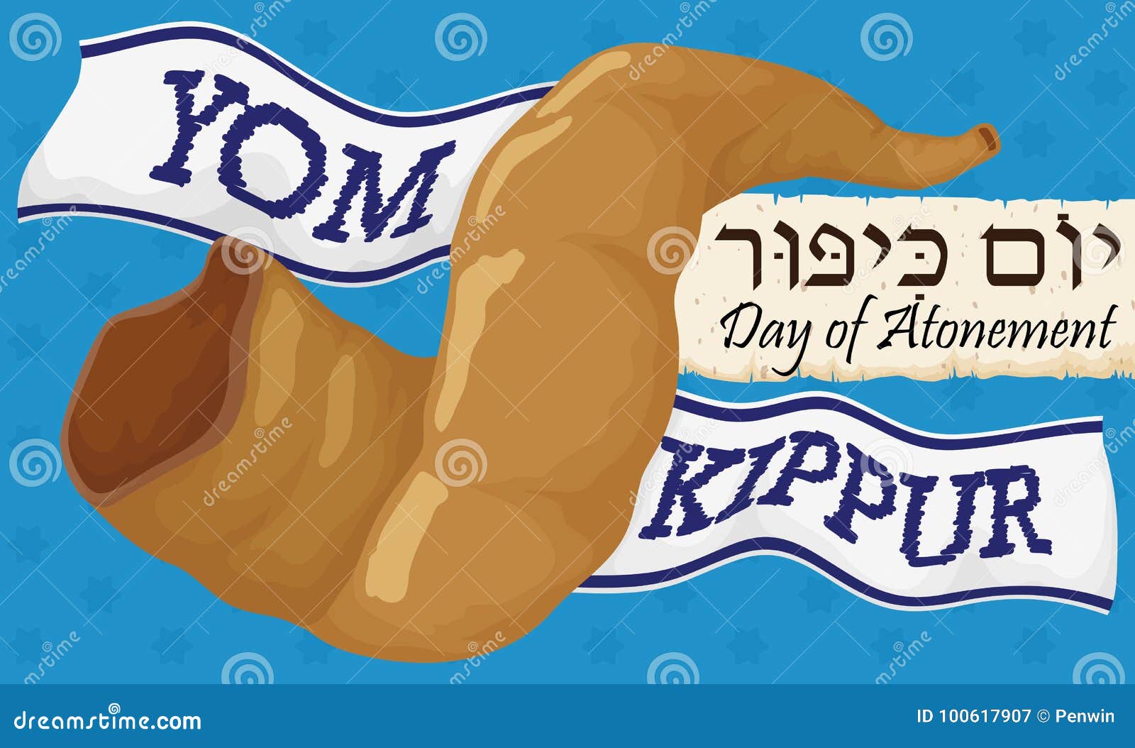 shofar horn with ribbons and scrolls commemorating jewish yom kippur,  