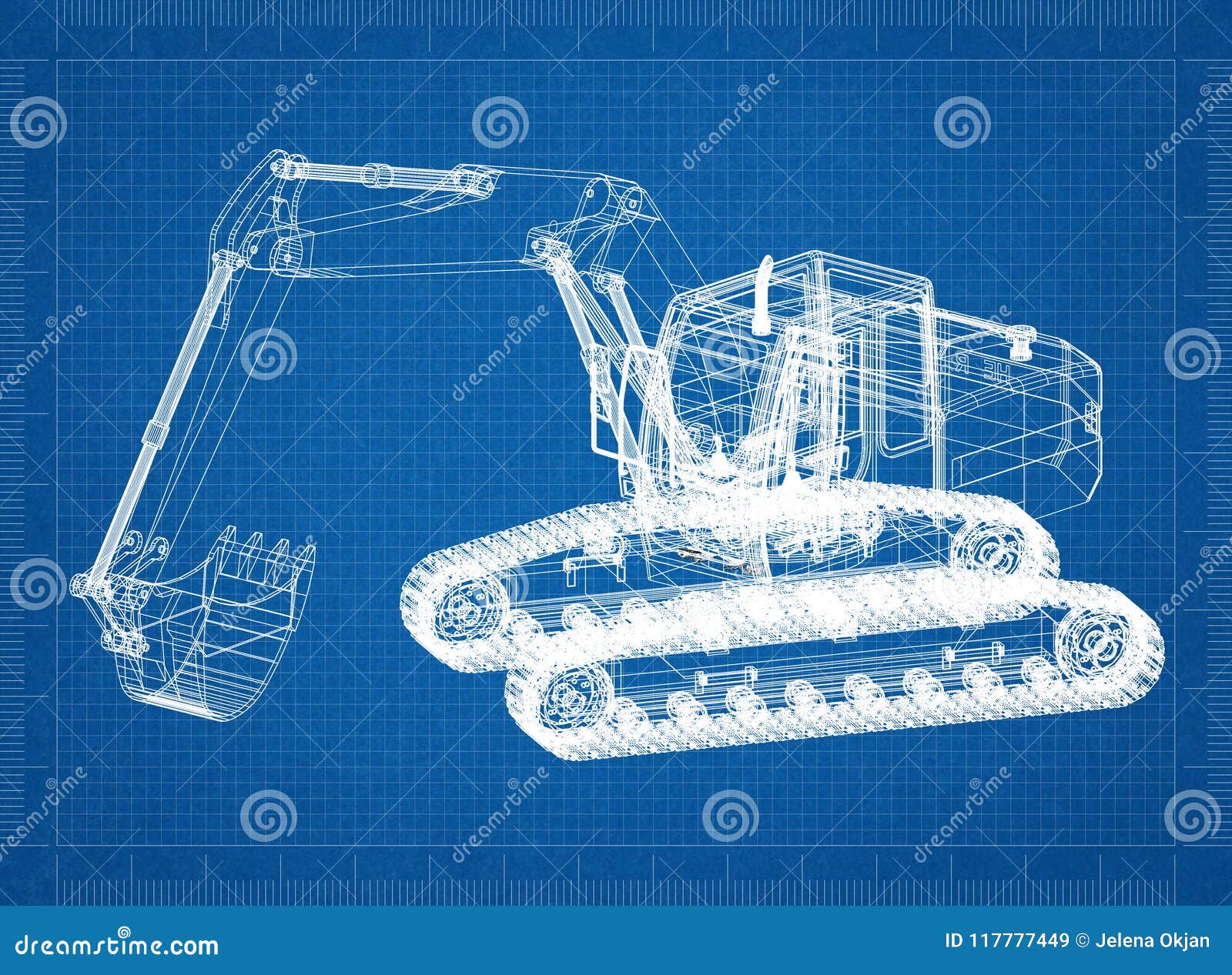 Blueprint Of Excavator On White Background. Top, Side And Front View