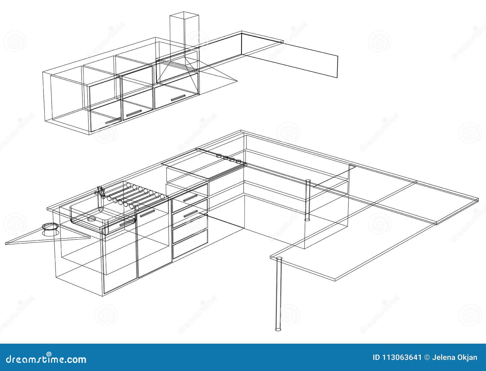 Kitchen 3D Blueprint - Isolated Stock Illustration - Illustration of