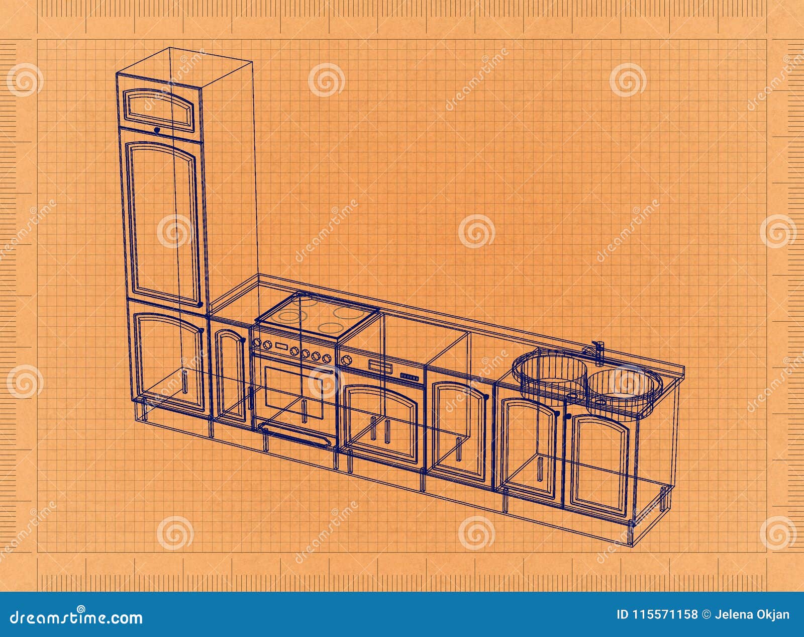 Kitchen Elements - Retro Blueprint Stock Illustration - Illustration of