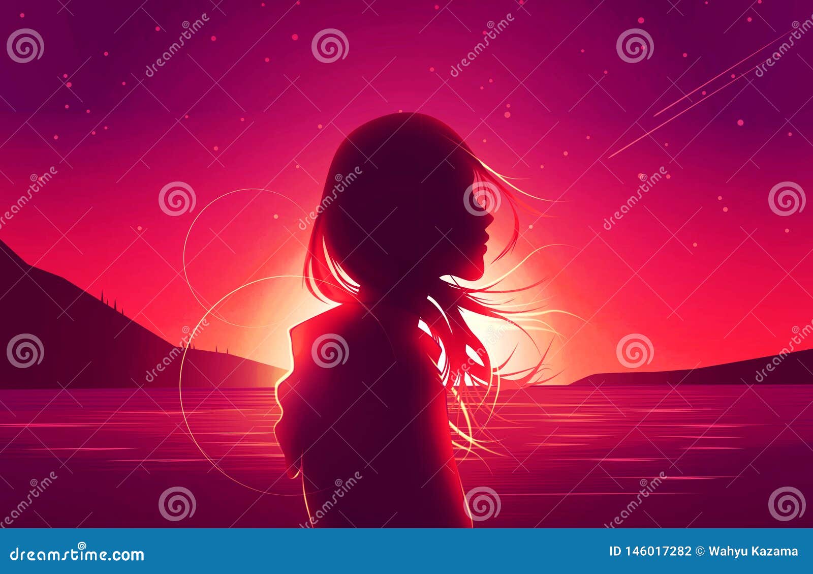 Silhouette Sad Girl Loneliness In Twilight Shooting Star Art