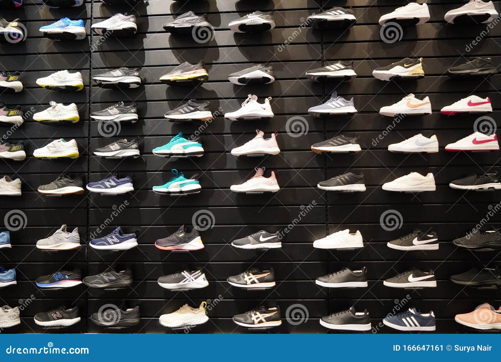 Shop Display of a Lot of Sports Shoes on a Wall. a View of a Wall of ...