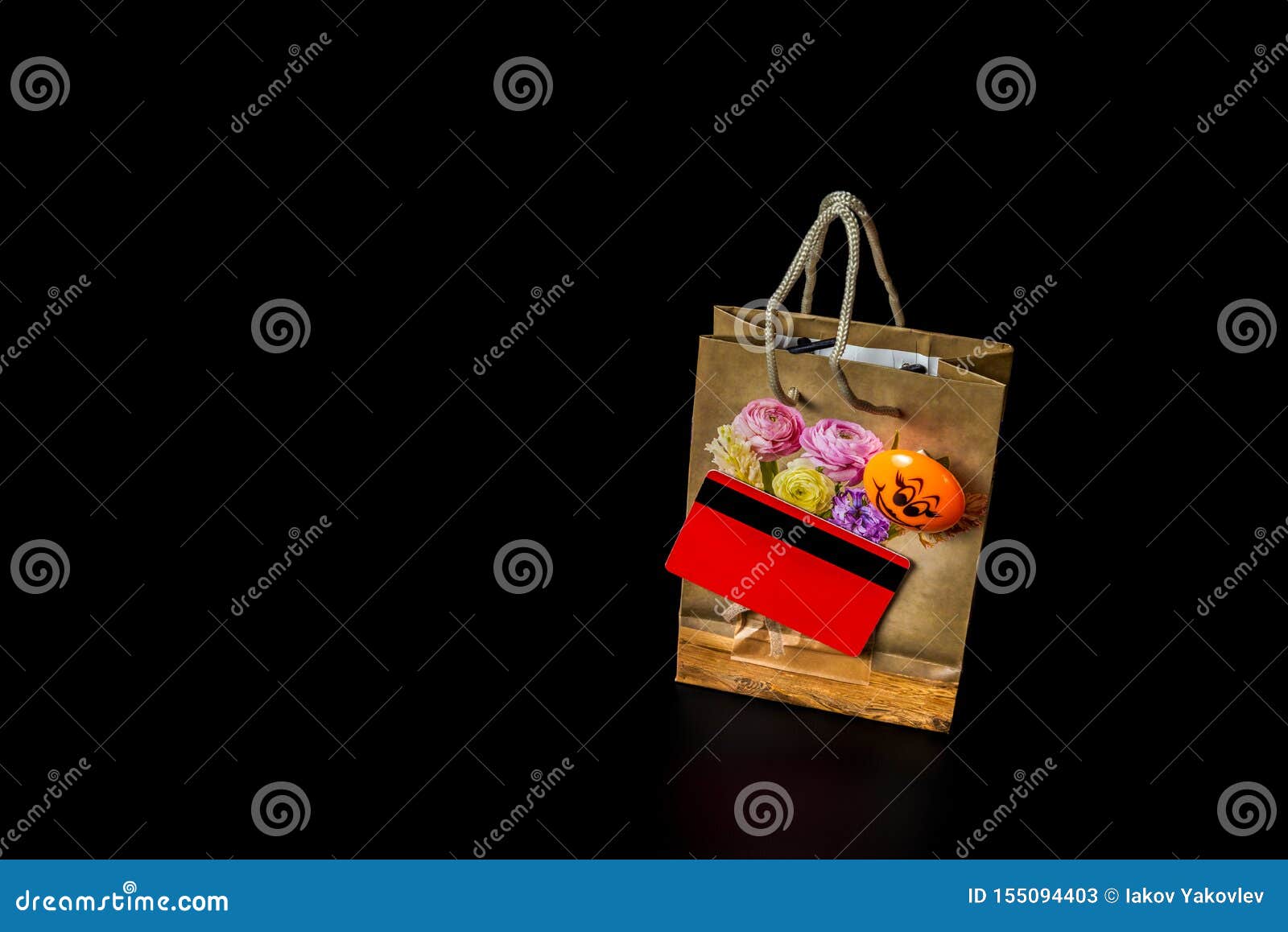 Shop Package With Flowers, Yellow Smile, Red Credit/debit Card With Black Line Are On The Black ...