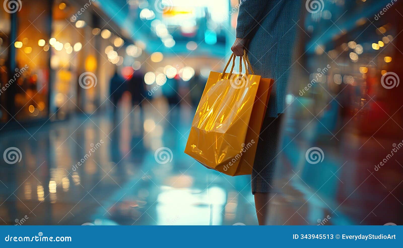 shopper with yellow bag in busy mall setting